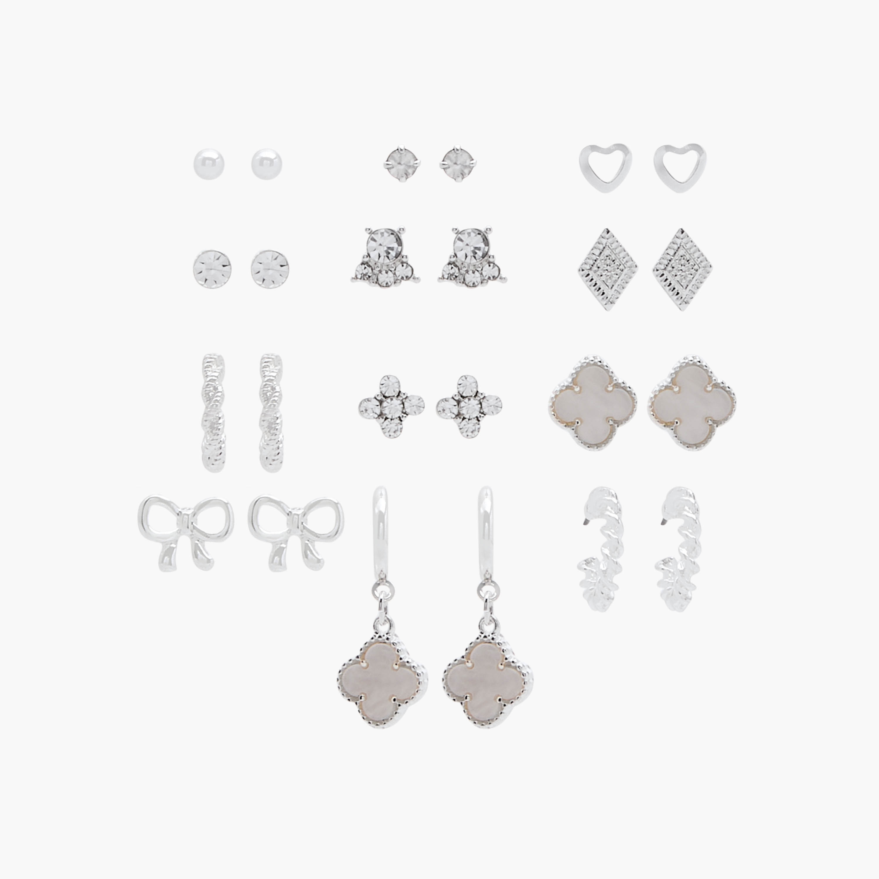 Pack of 12 Silver Tone Assorted Earrings with Pushback Closure-women-watchesandjewellery-jewellery-earrings-image-1