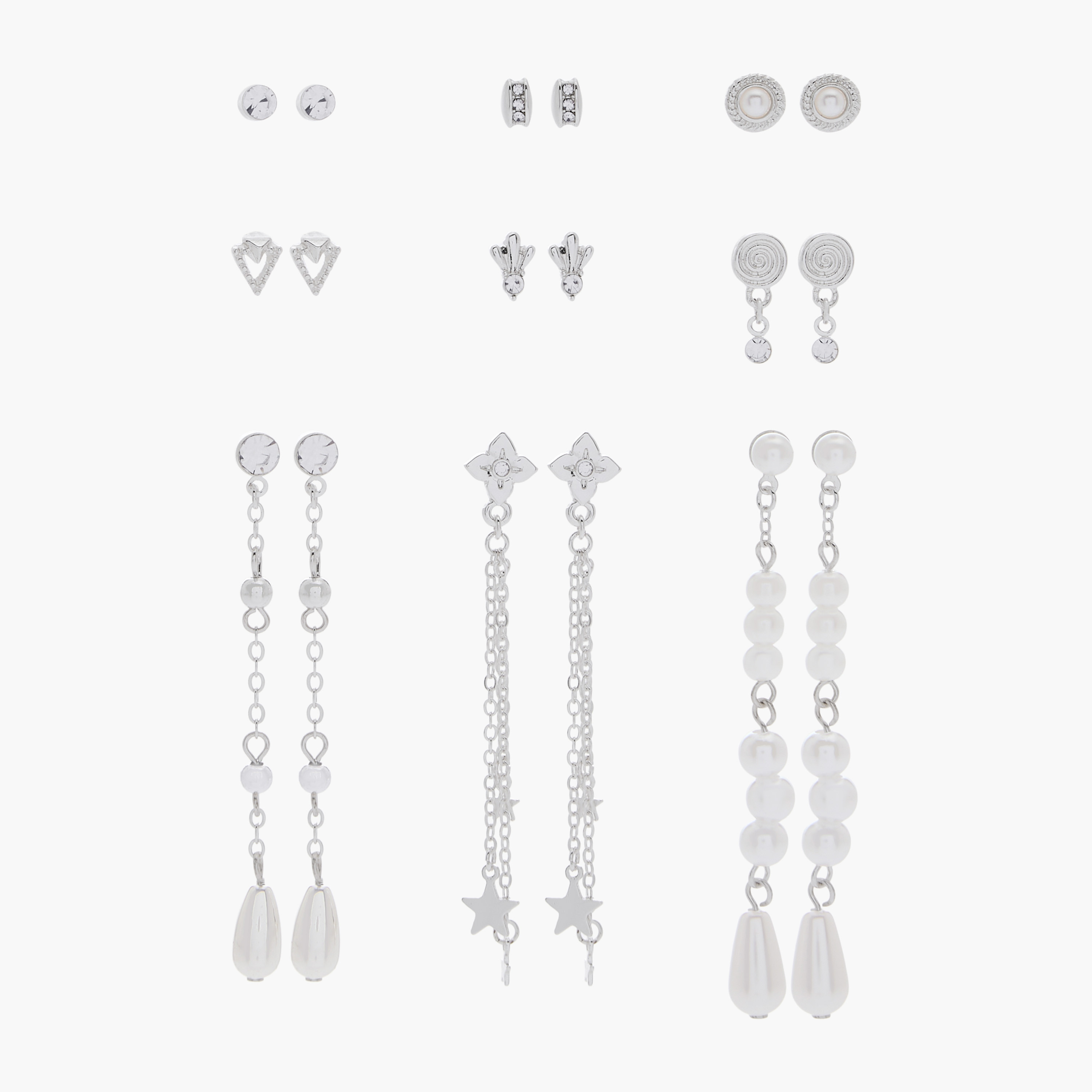 Pack of 9 Silver Tone Earrings with Pushback Closure-women-watchesandjewellery-jewellery-earrings-image-1