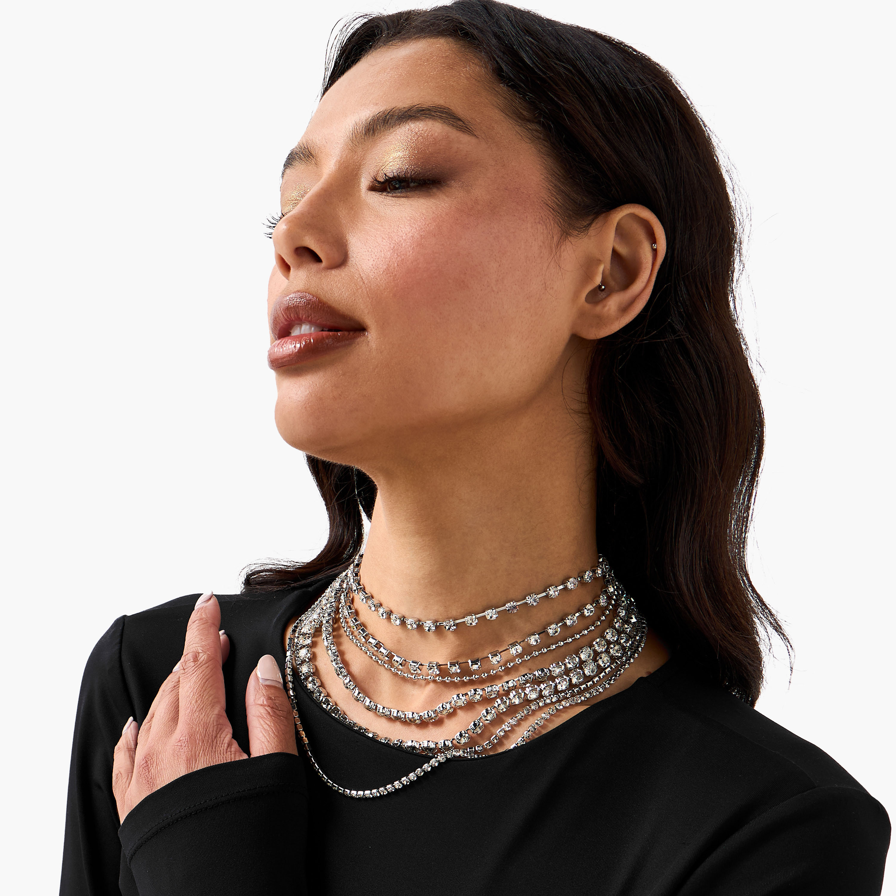 Silver Tone Stone Embellished Layered Choker Necklace-women-watchesandjewellery-jewellery-necklacesandpendants-image-2