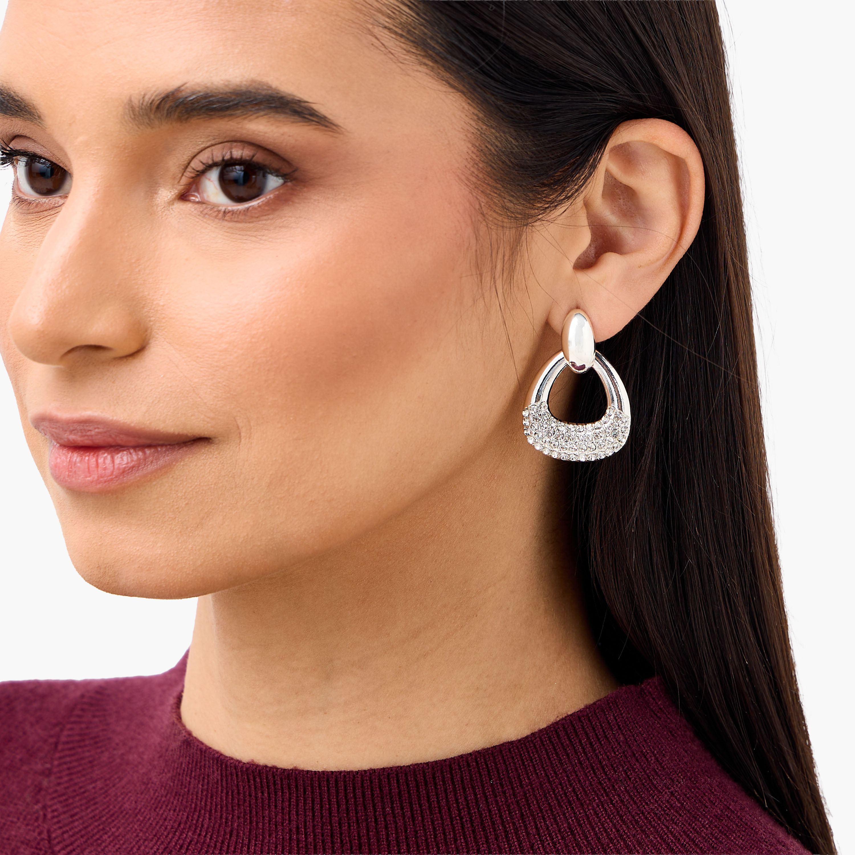 Silver Tone Stone Embellished Drop Earrings with Pushback Closure-women-watchesandjewellery-jewellery-earrings-image-2