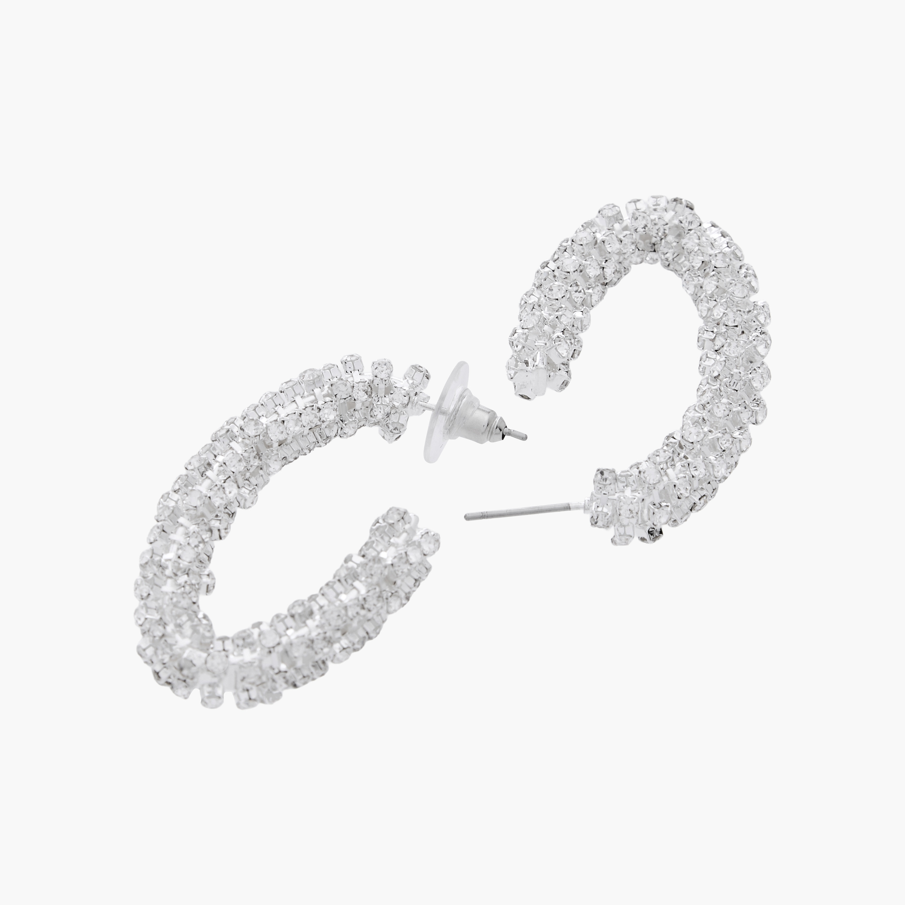 Silver Tone Stone Embellished Hoop Earrings with Pushback Closure-women-watchesandjewellery-jewellery-earrings-image-4