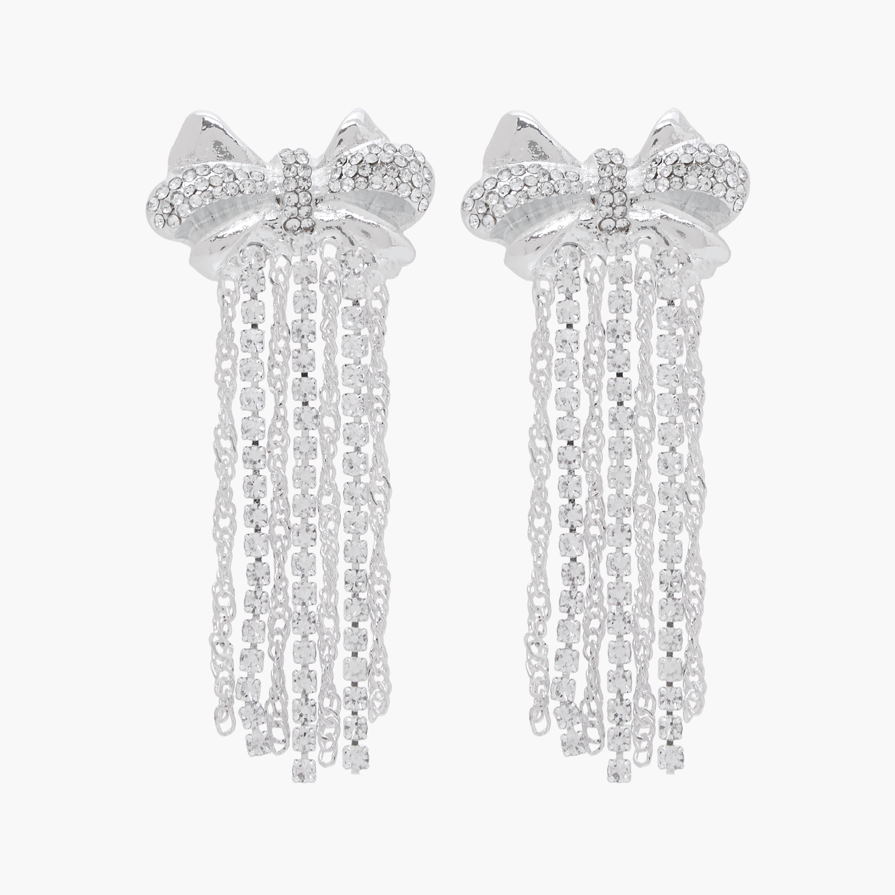 Silver Tone Embellished Bow Dangler Earrings with Pushback Closure-women-watchesandjewellery-jewellery-earrings-image-1
