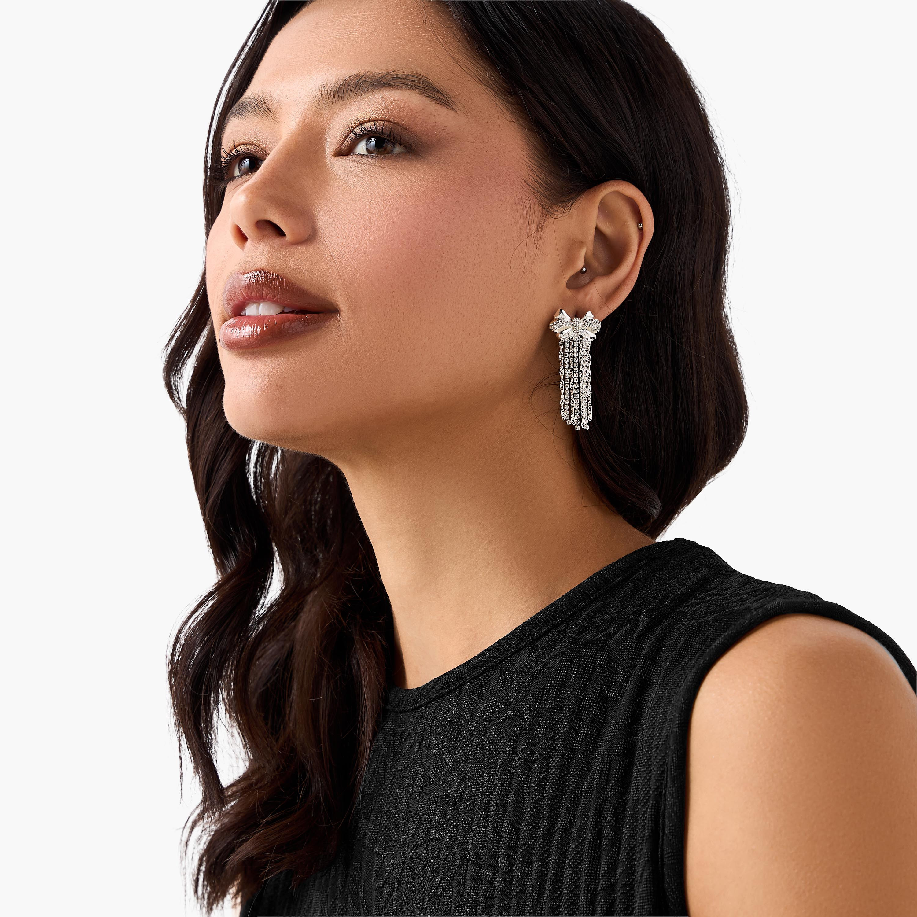 Silver Tone Embellished Bow Dangler Earrings with Pushback Closure-women-watchesandjewellery-jewellery-earrings-image-2