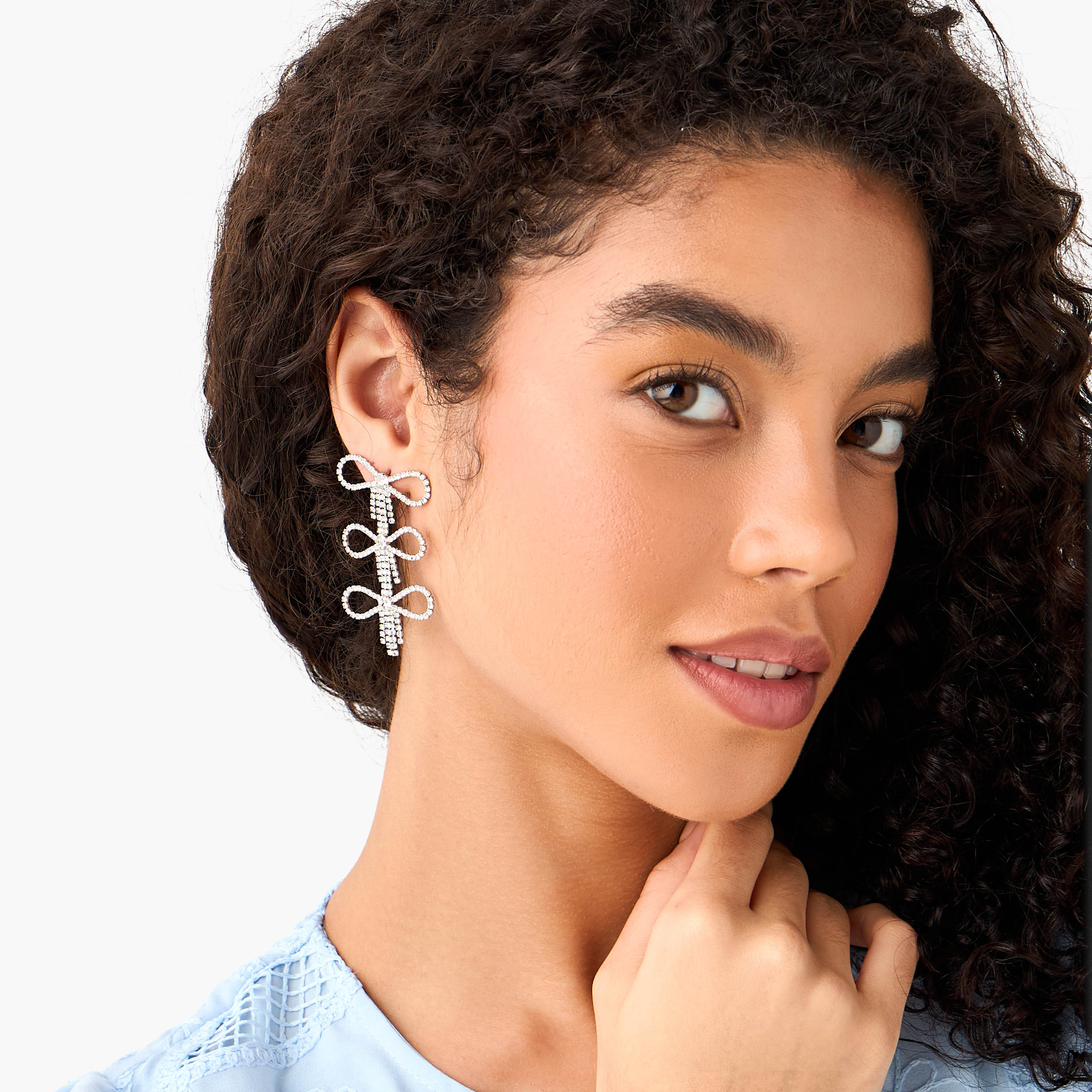 Silver Finish Bow Shape Drop Earrings with Pushback Closure-women-watchesandjewellery-jewellery-earrings-image-2