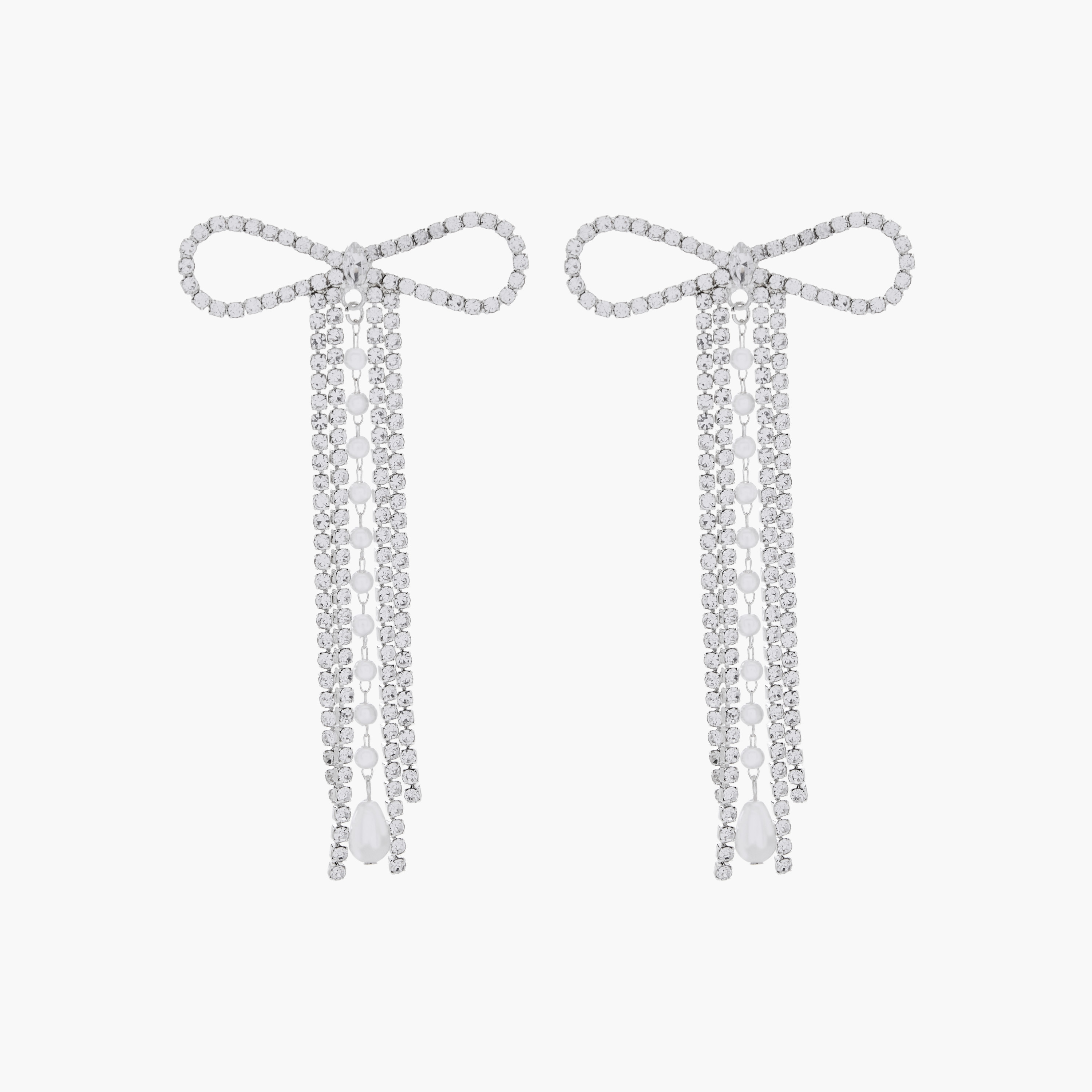 Silver Tone Bow Embellished Drop Earrings with Pushback Closure-women-watchesandjewellery-jewellery-earrings-image-1