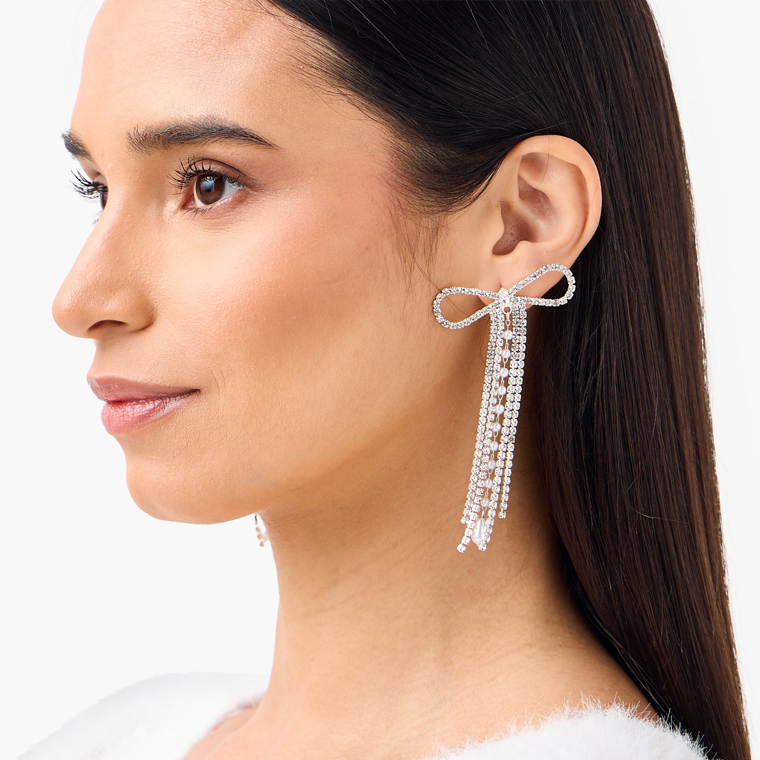 Silver Tone Bow Embellished Drop Earrings with Pushback Closure-women-watchesandjewellery-jewellery-earrings-image-2
