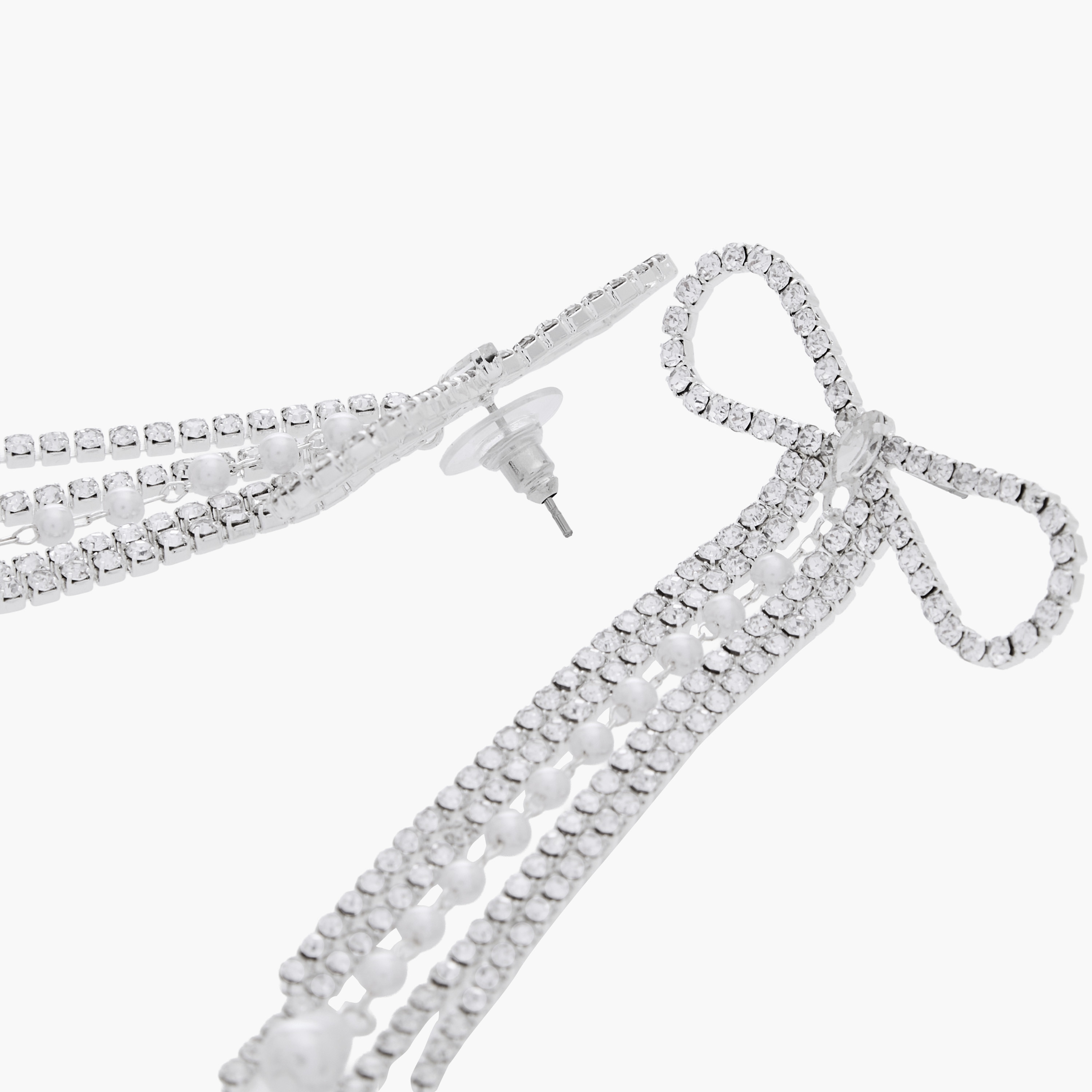 Silver Tone Bow Embellished Drop Earrings with Pushback Closure-women-watchesandjewellery-jewellery-earrings-image-4