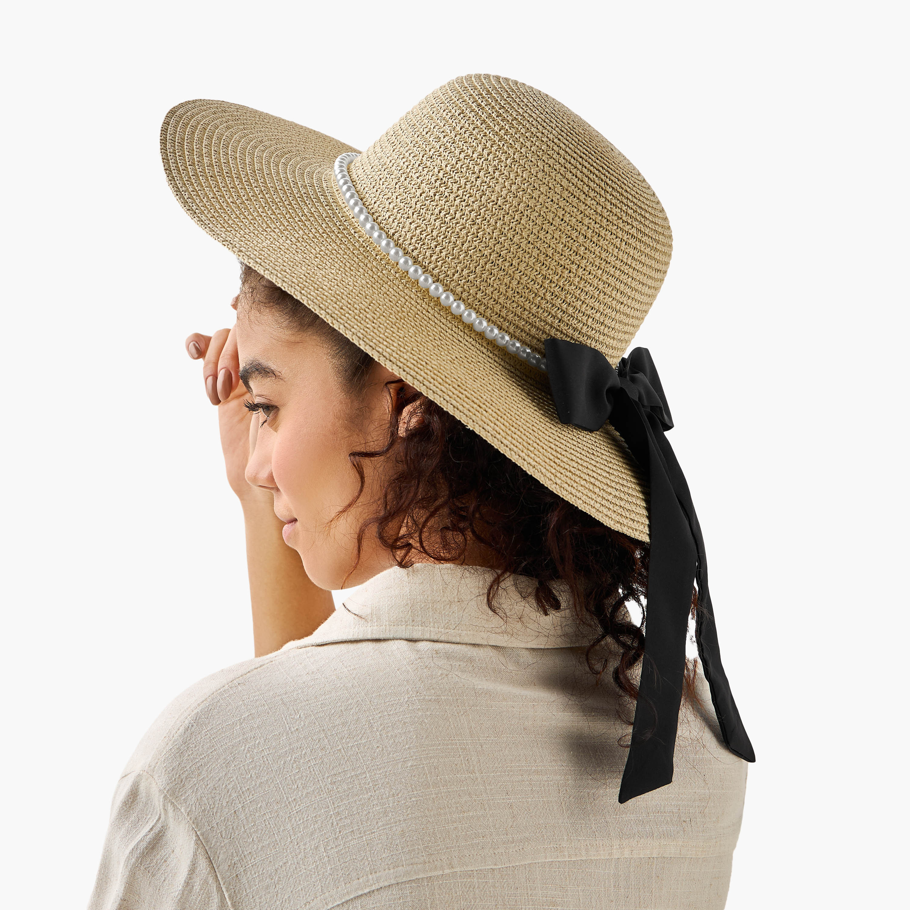 Textured Bow and Pearl Trim Beach Hat-women-clothingaccessories-capsandhats-image-2