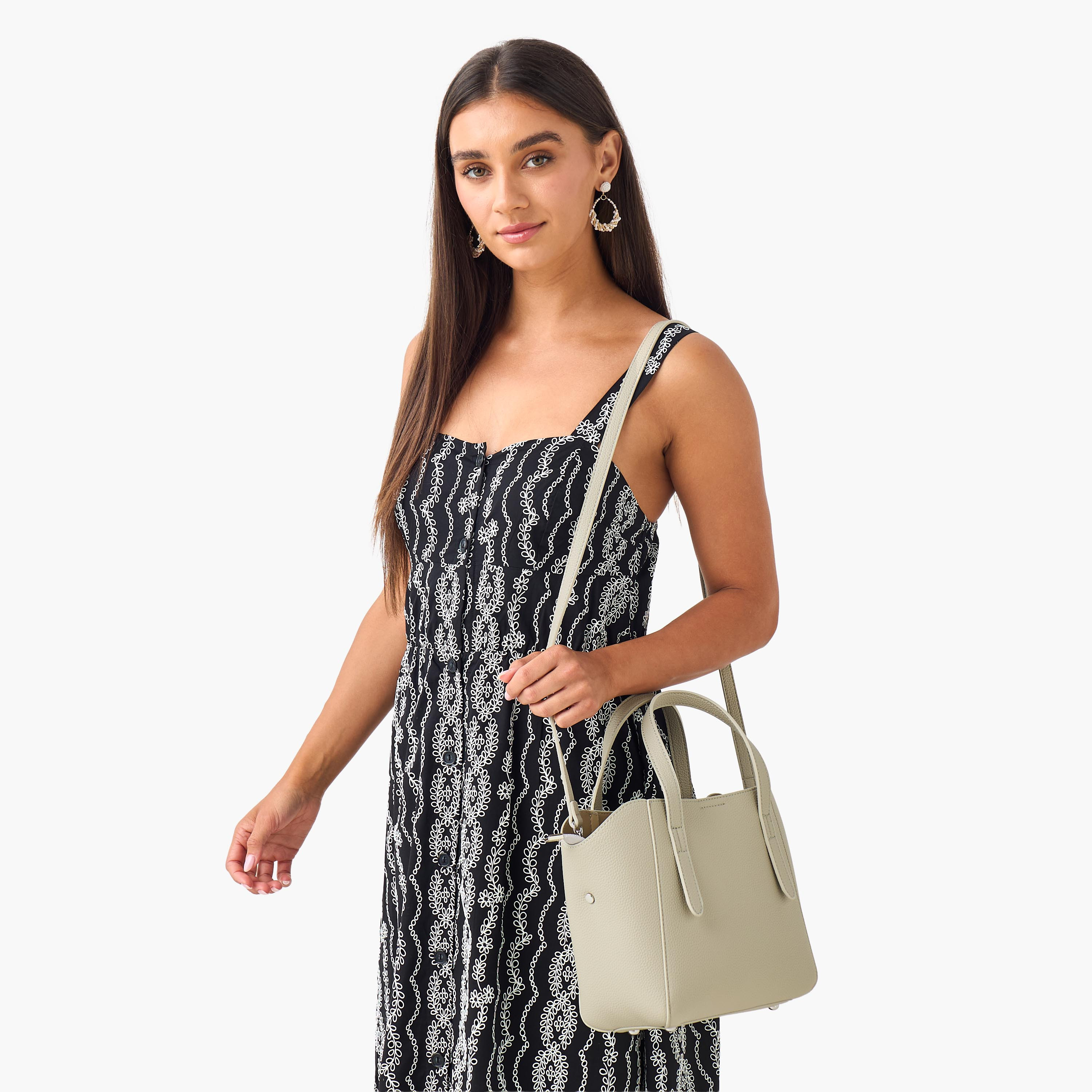 Textured Buckle Detail Tote Bag with Detachable Strap-women-bagsandwallets-handbags-image-2