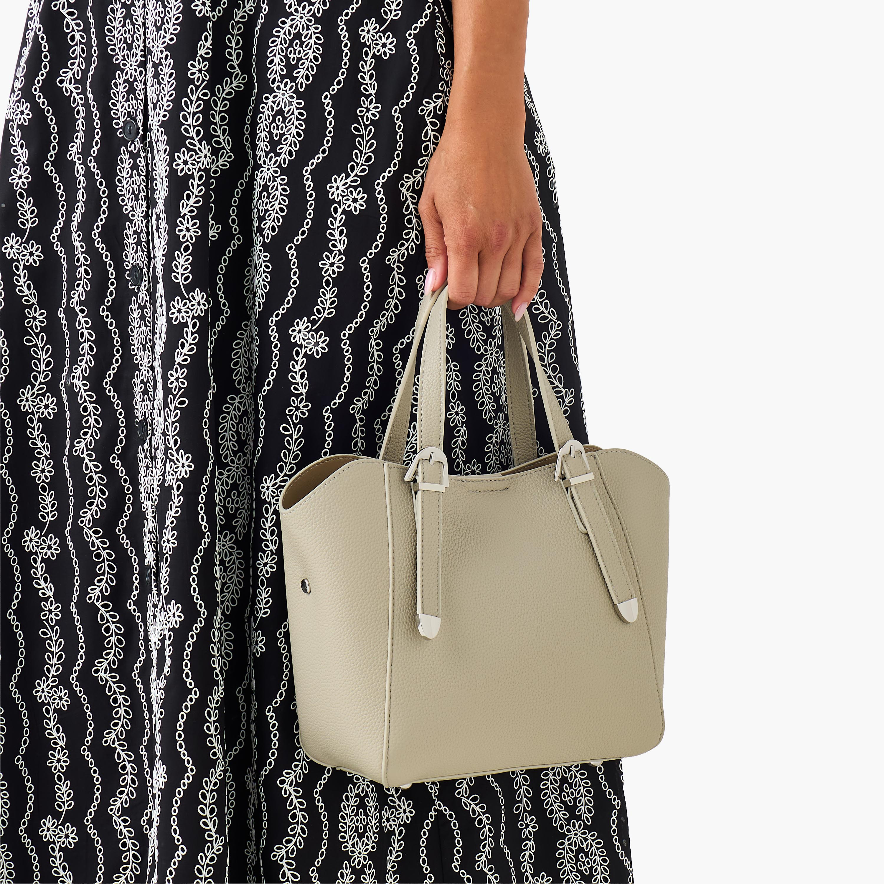 Textured Buckle Detail Tote Bag with Detachable Strap-women-bagsandwallets-handbags-image-4