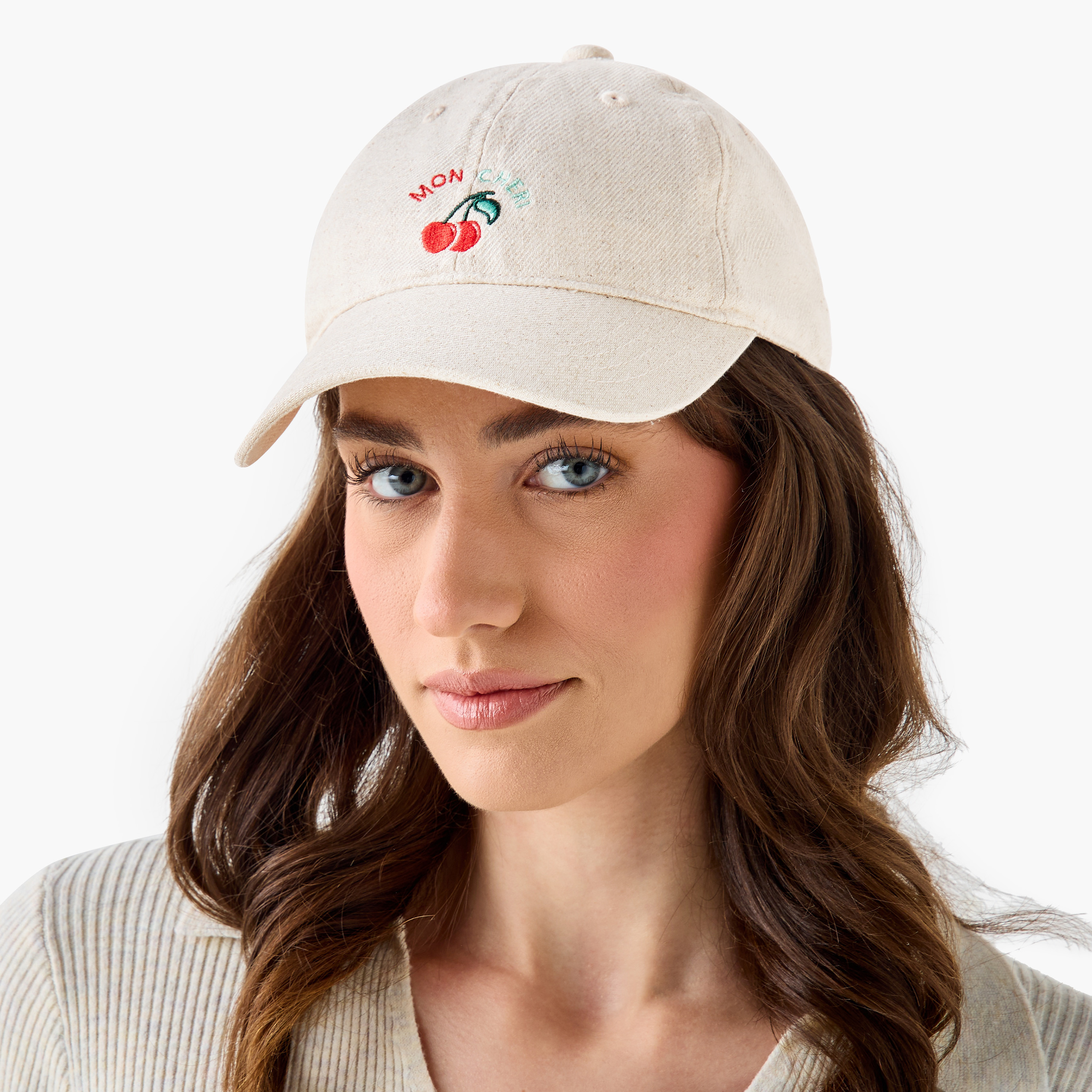 Cherry Embroidered Cap with Buckle Strap Closure-women-clothingaccessories-capsandhats-image-2