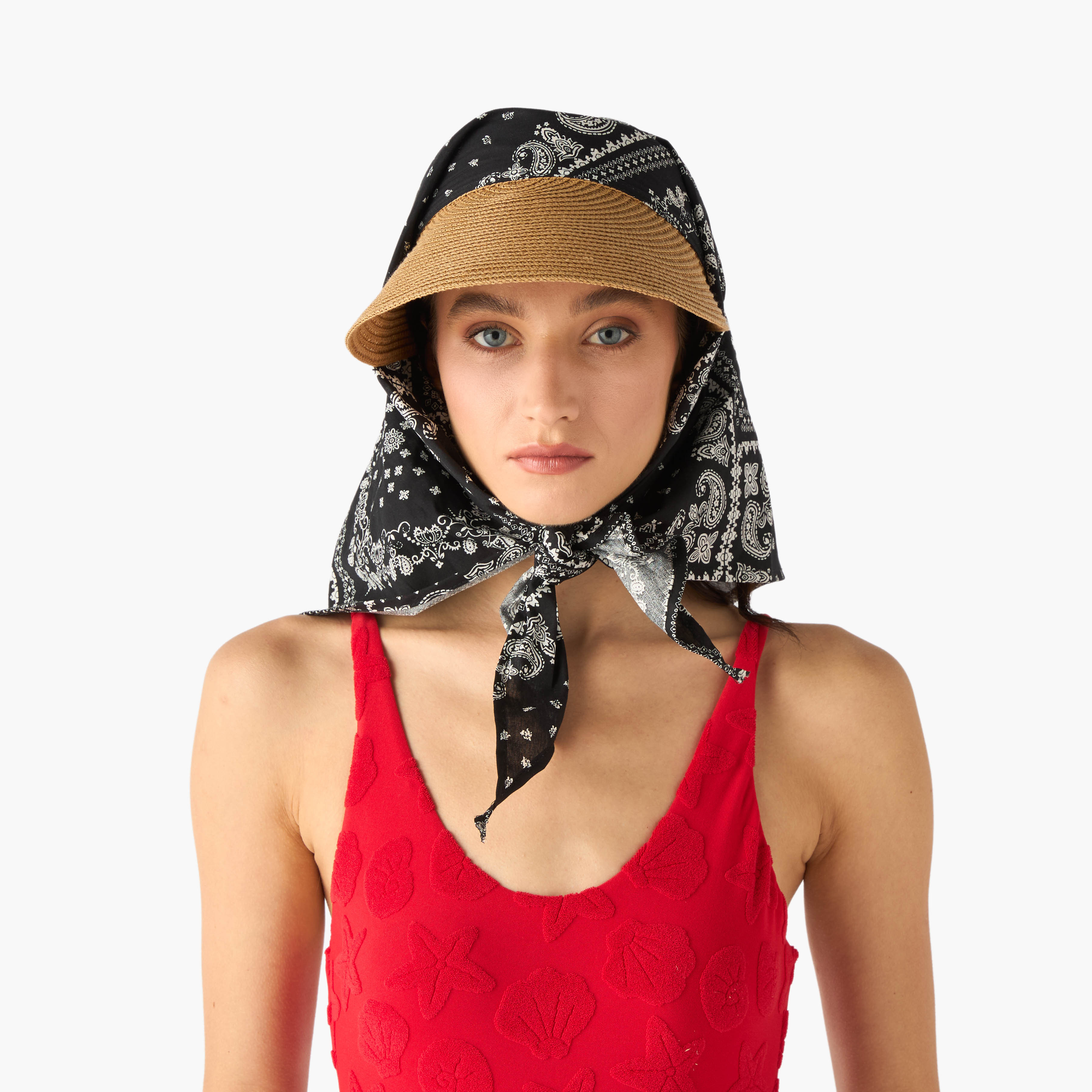 Textured Visor Hat with Bandana Accent-women-clothingaccessories-capsandhats-image-1