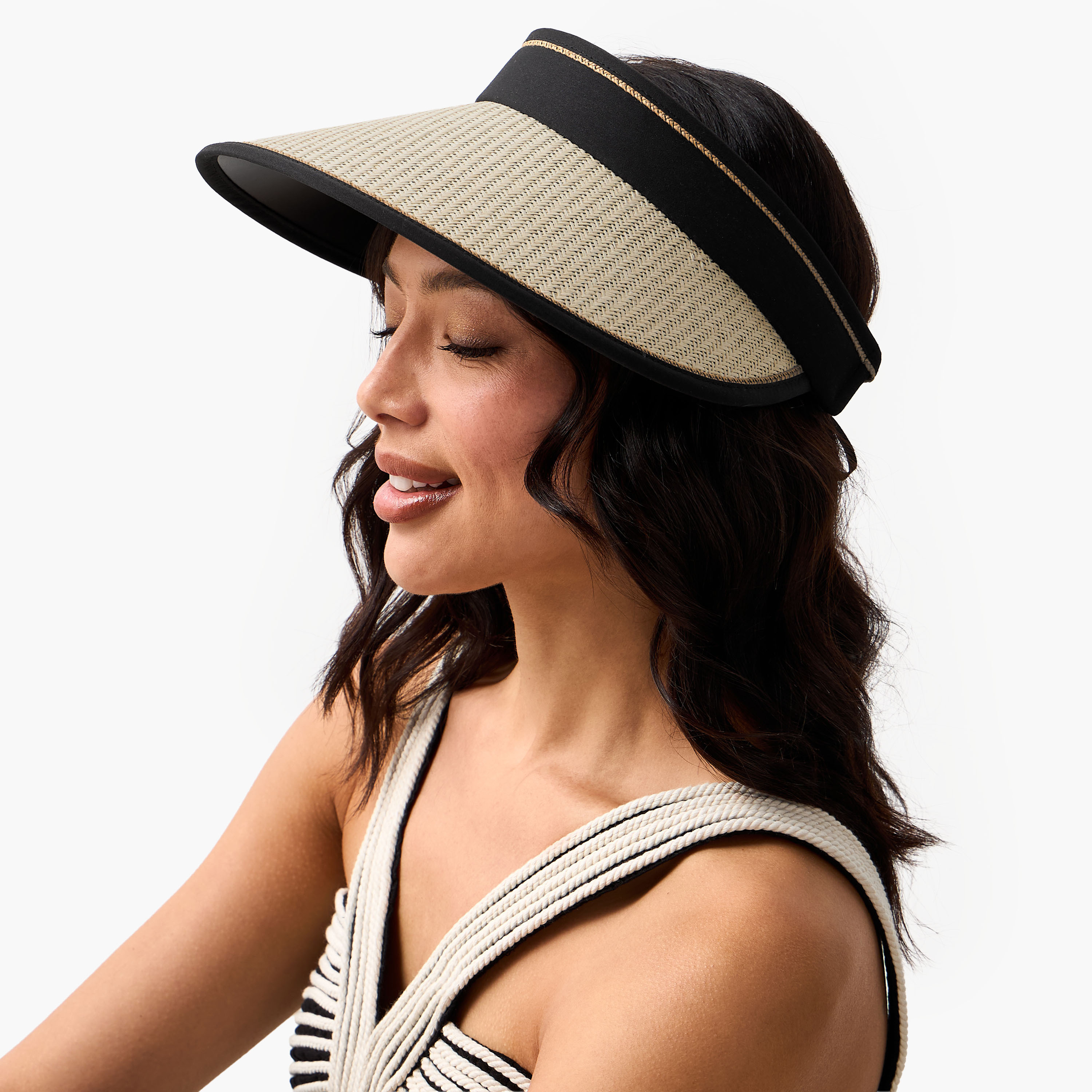 Contrast Straw Visor Cap with Buckled Strap-women-clothingaccessories-capsandhats-image-2
