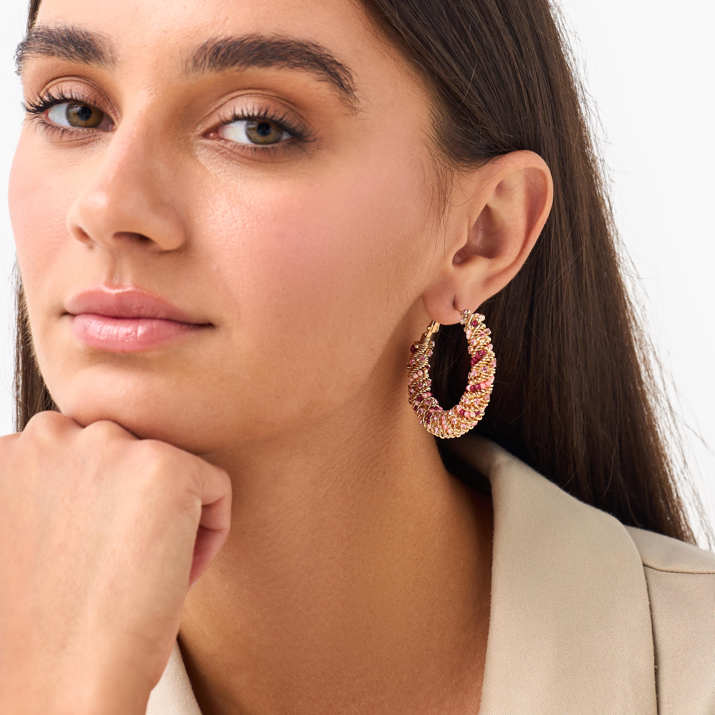 Gold Tone Embellished Hoop Earrings with Hinged Clasp-women-watchesandjewellery-jewellery-earrings-image-2
