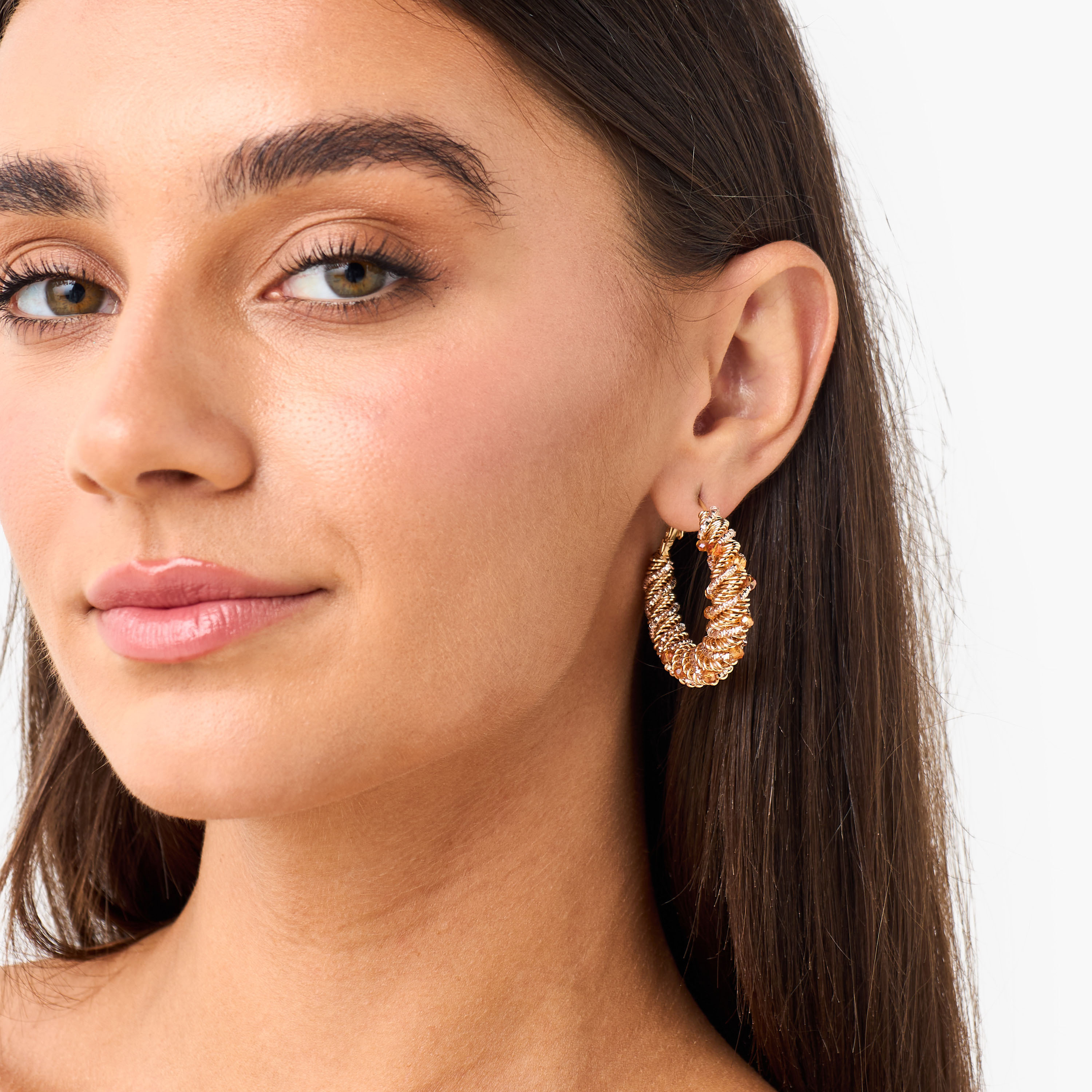Gold Tone Embellished Hoop Earrings with Hinged Closure-women-watchesandjewellery-jewellery-earrings-image-2