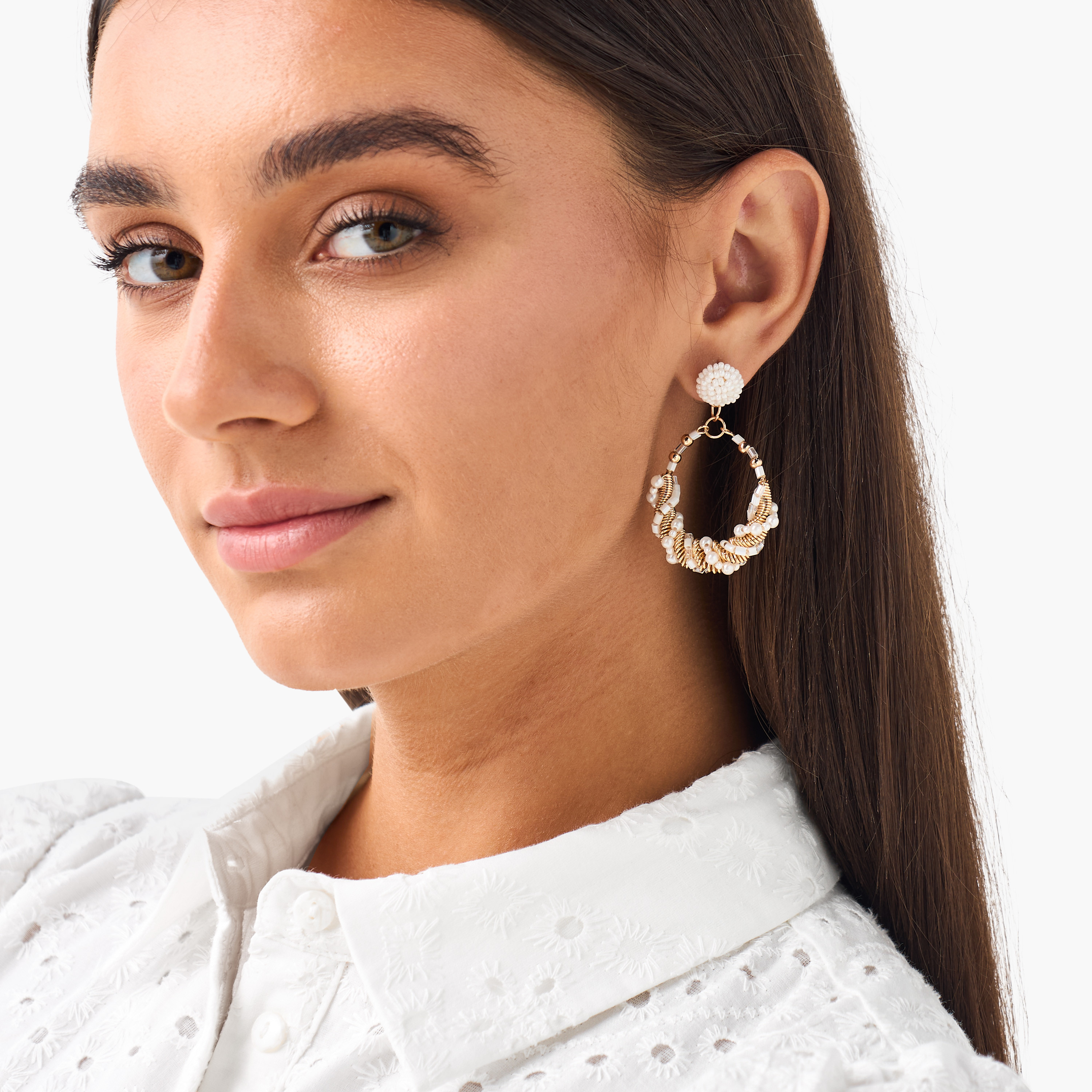 Gold Tone Embellished Drop Earrings with Pushback Closure-women-watchesandjewellery-jewellery-earrings-image-2