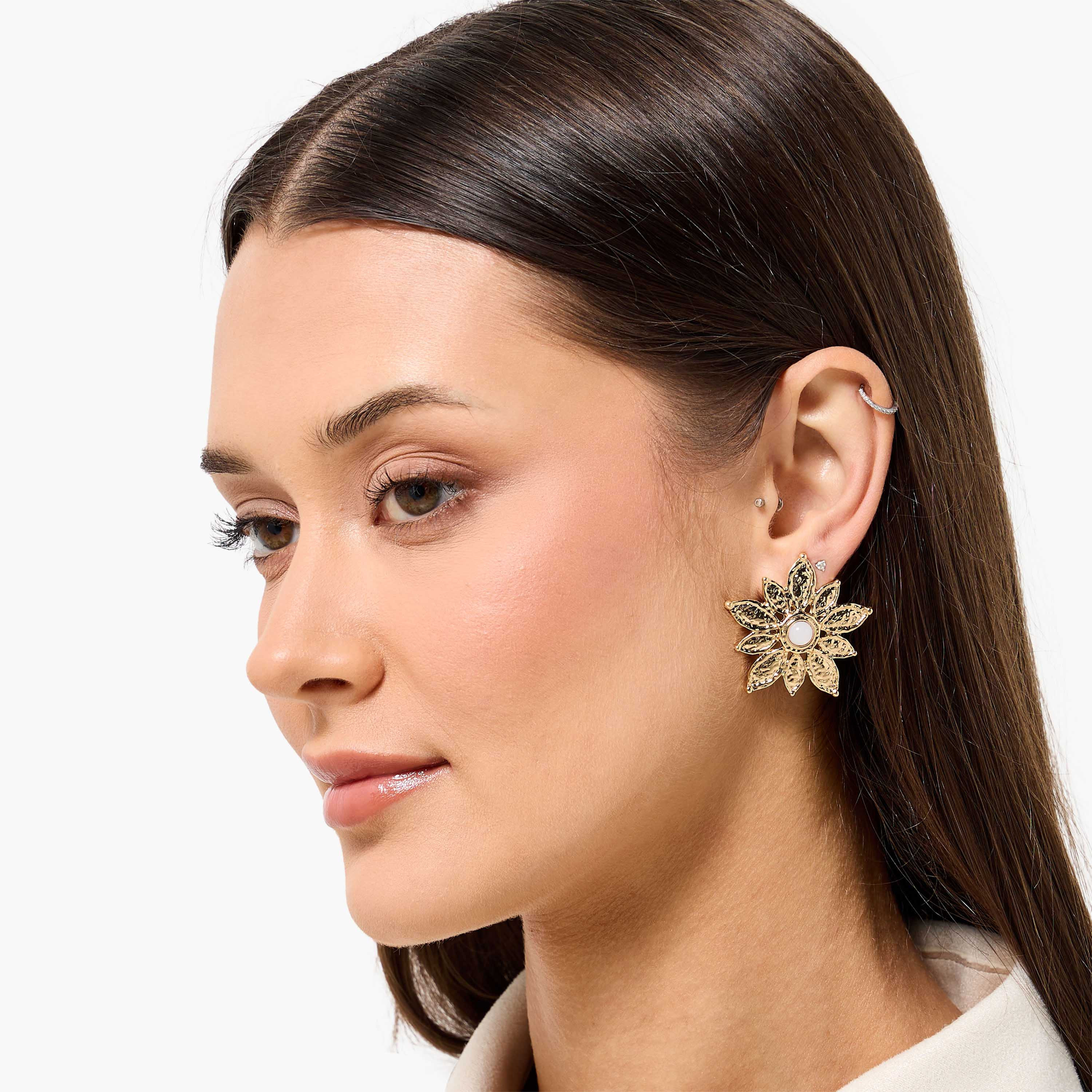 Gold Tone Textured Flower Stud Earrings with Pushback Closure-women-watchesandjewellery-jewellery-earrings-image-2
