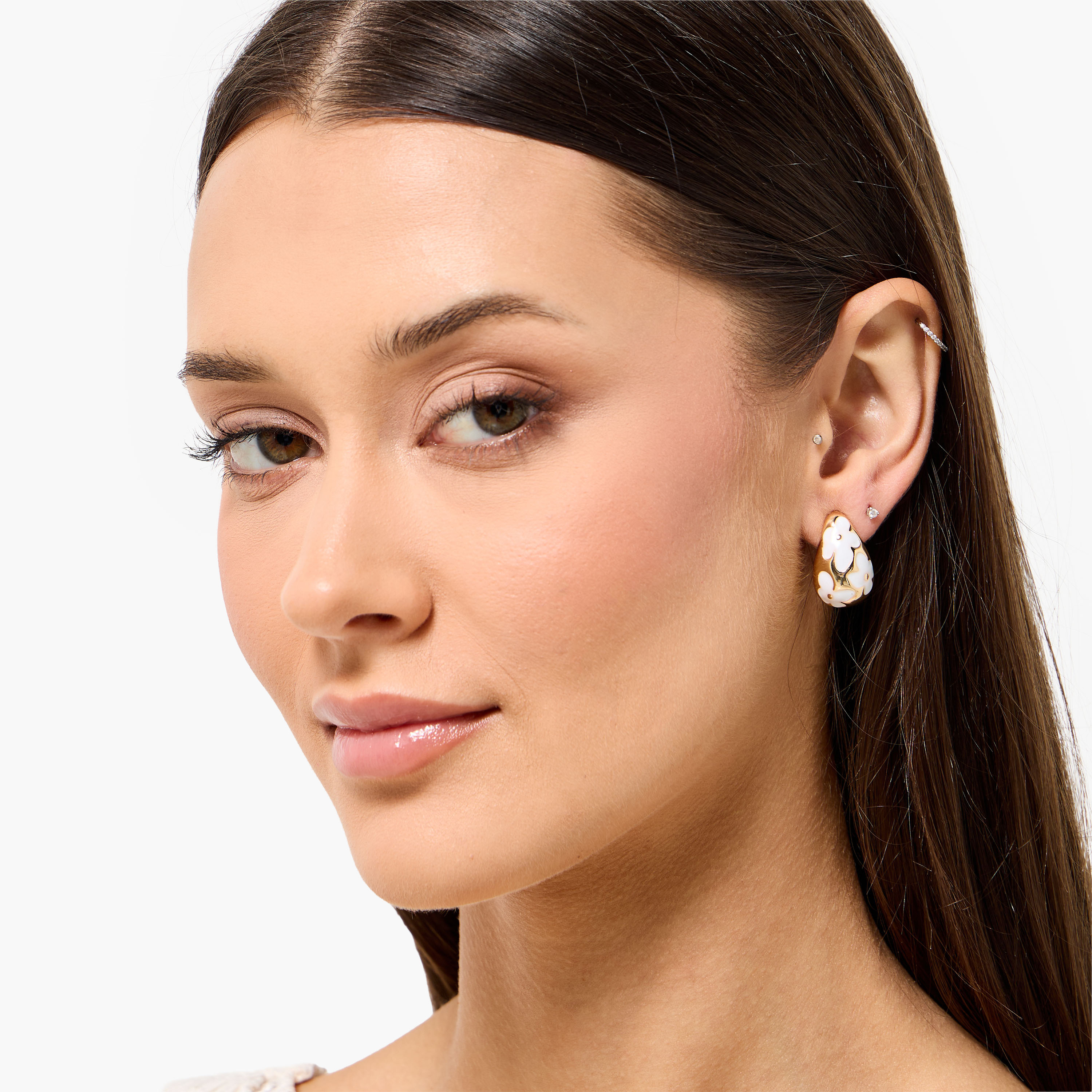 Gold Tone Floral Enamel Textured Teardrop Earrings with Pushback Closure-women-watchesandjewellery-jewellery-earrings-image-2
