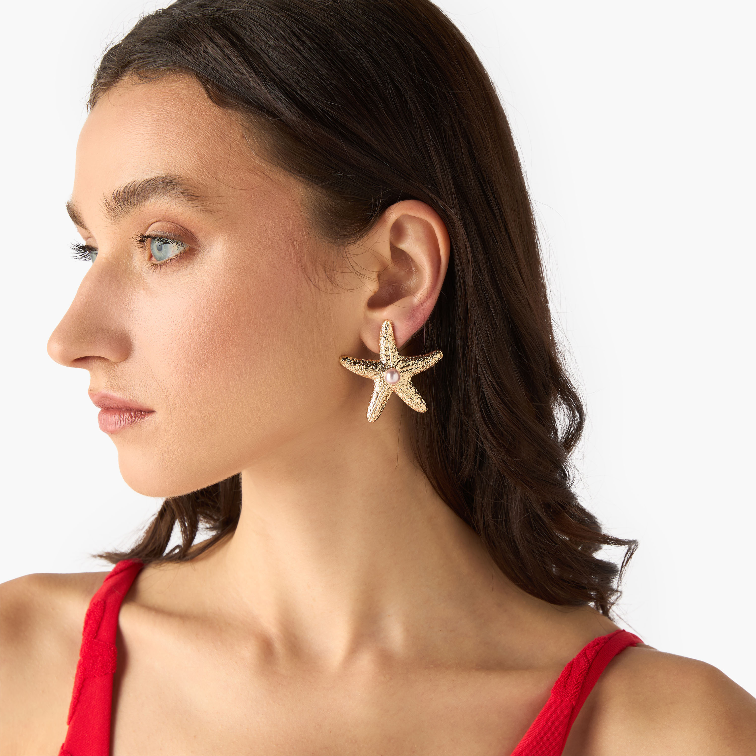 Gold Tone Starfish Pearl Embellished Earrings with Pushback Closure-women-watchesandjewellery-jewellery-earrings-image-2