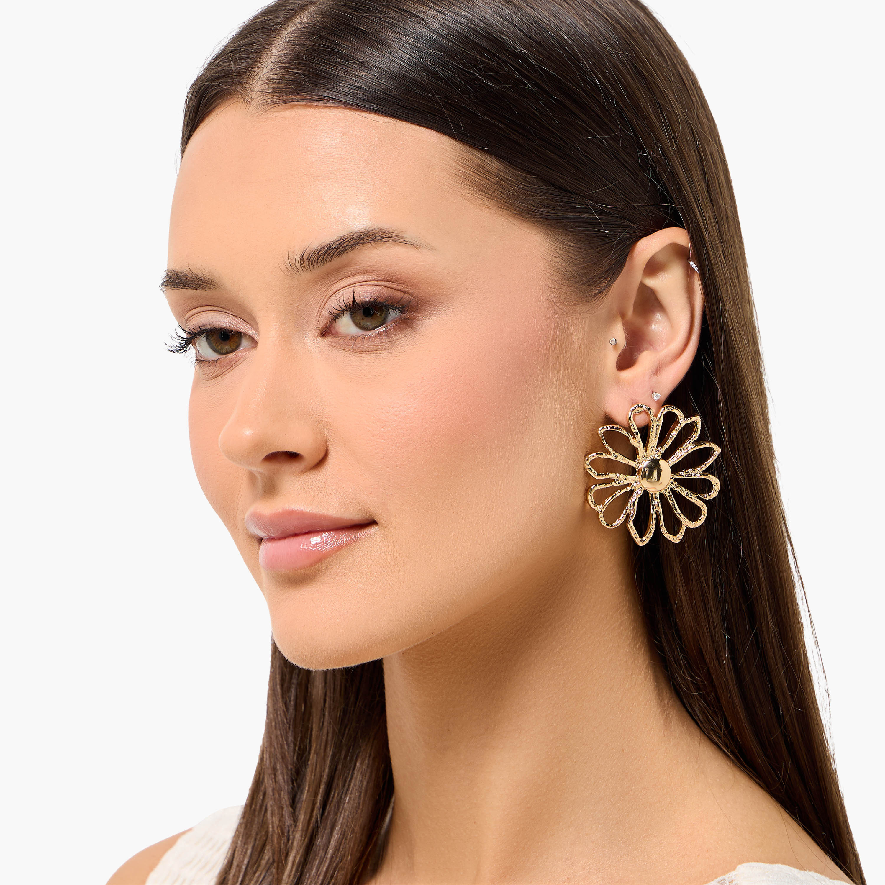 Gold Tone Floral Shape Earrings with Pushback Closure-women-watchesandjewellery-jewellery-earrings-image-2