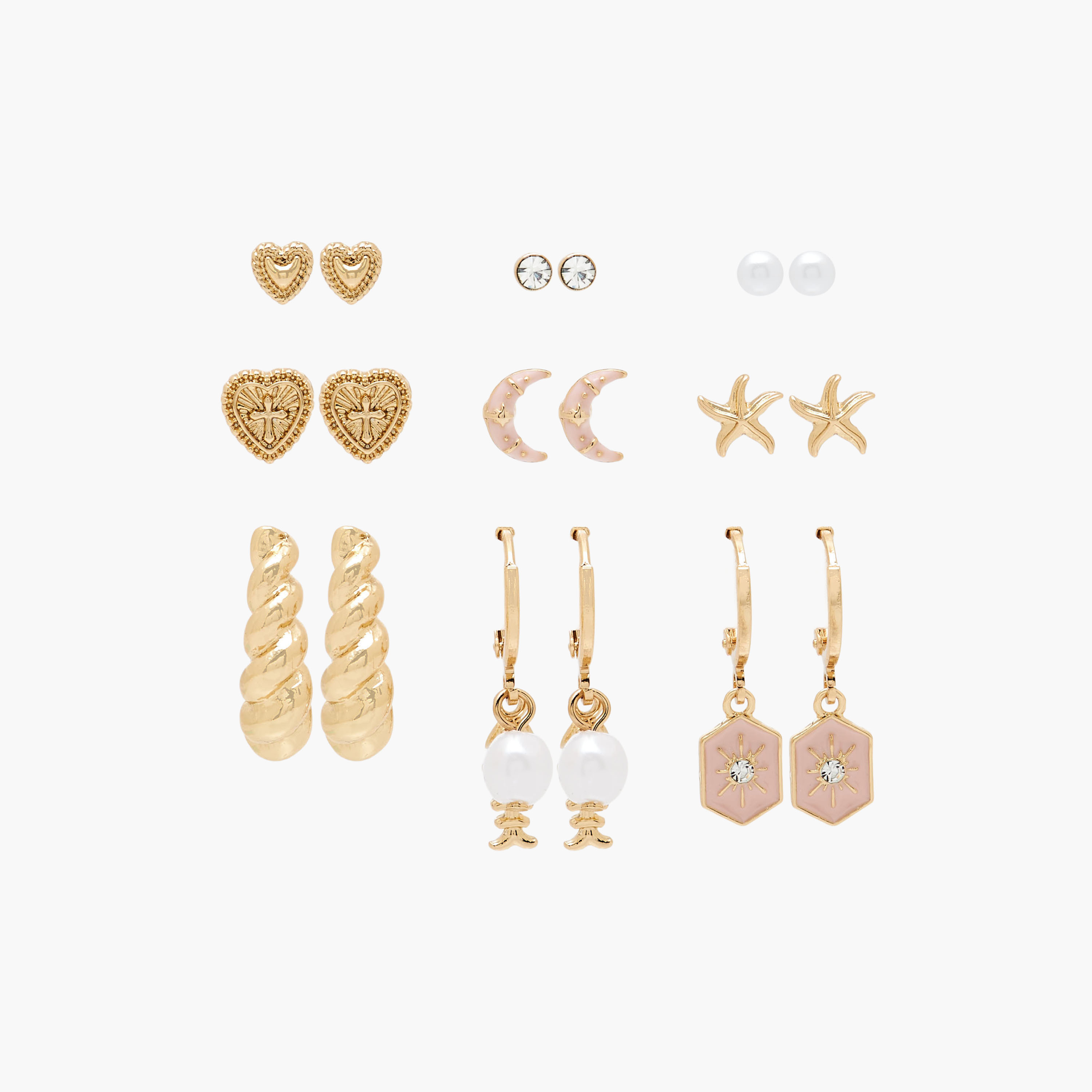 Pack of 9 Gold Tone Assorted Earrings with Pushback Closure-women-watchesandjewellery-jewellery-earrings-image-1