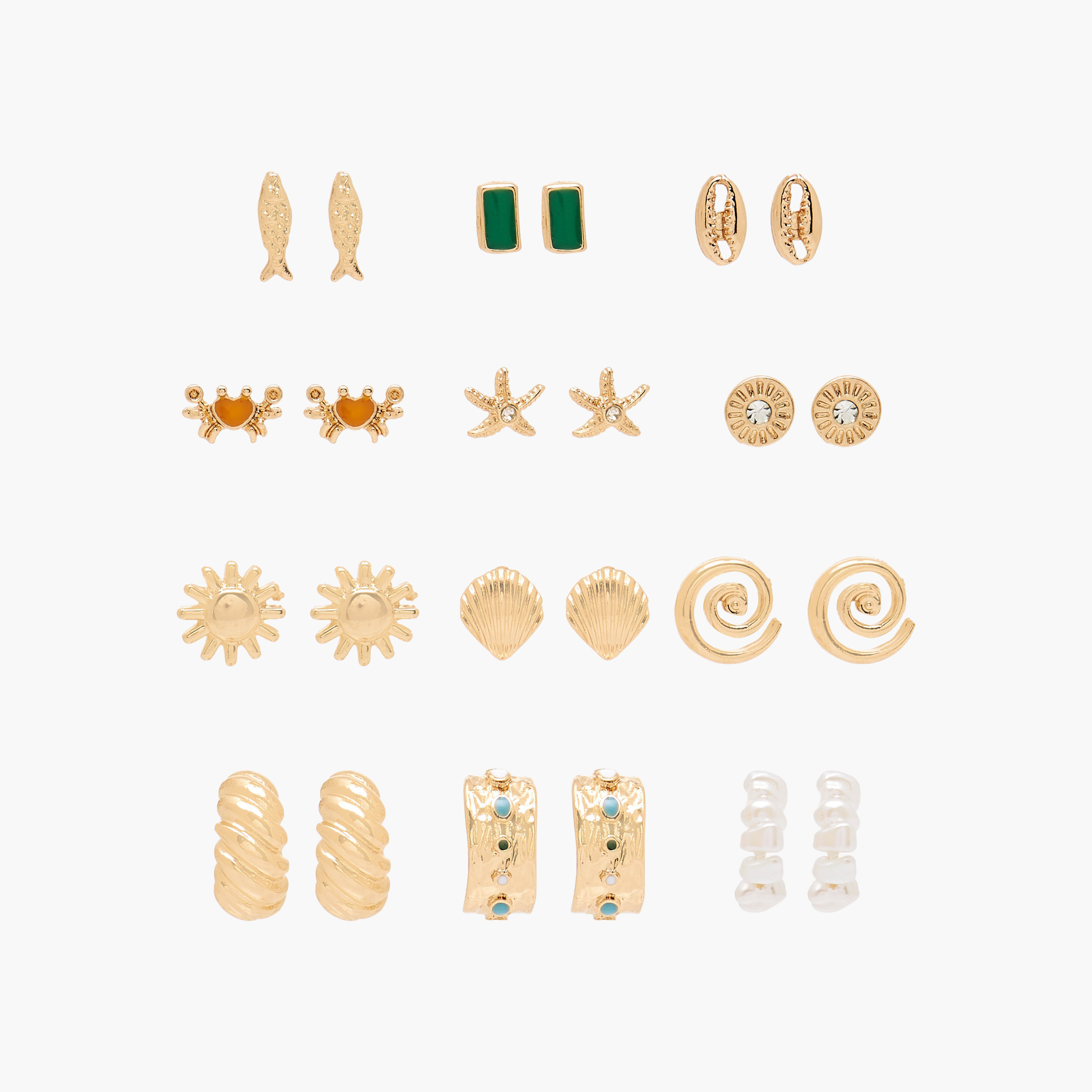 Pack of 12 Gold Tone Embellished Earrings with Pushback Closure-women-watchesandjewellery-jewellery-earrings-image-1