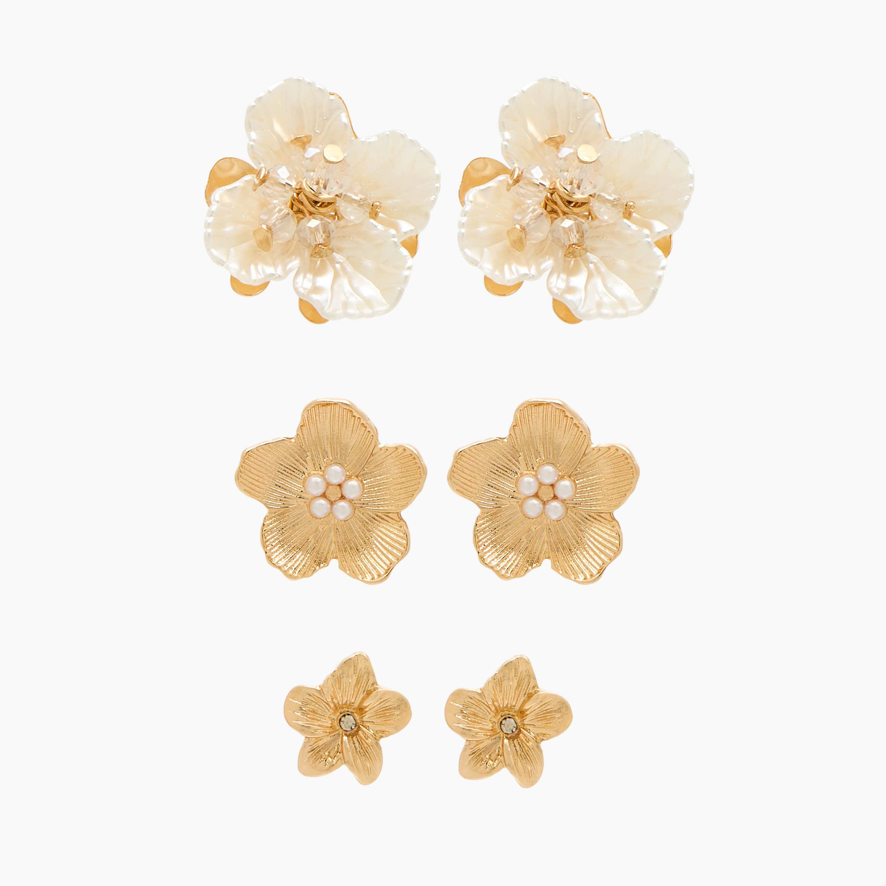 Pack of 3 Gold Tone Floral Embellished Earrings with Pushback Closure-women-watchesandjewellery-jewellery-earrings-image-1