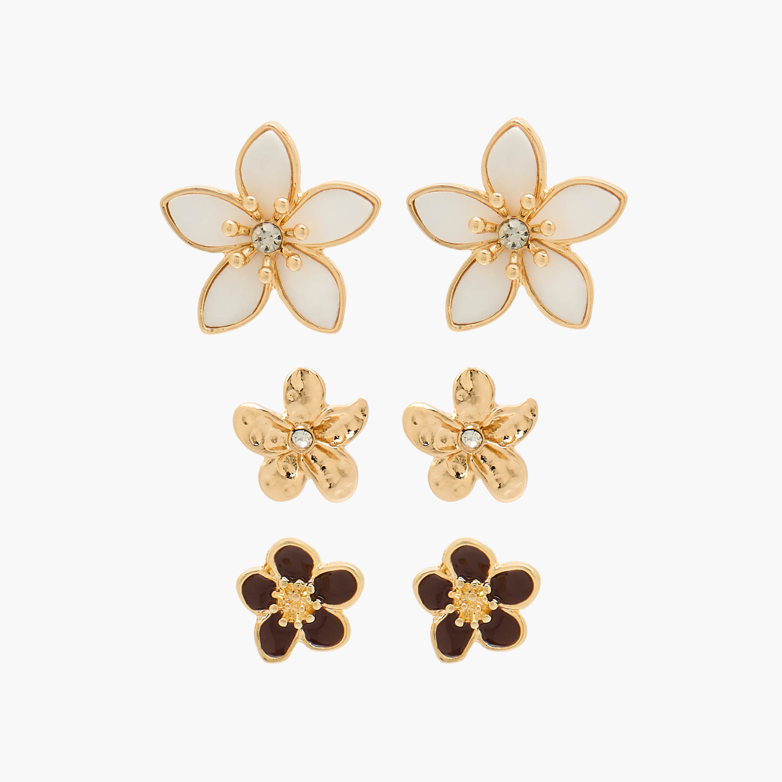 Pack of 3 Metallic Floral Stud Earrings with Pushback Closure-women-watchesandjewellery-jewellery-earrings-image-1