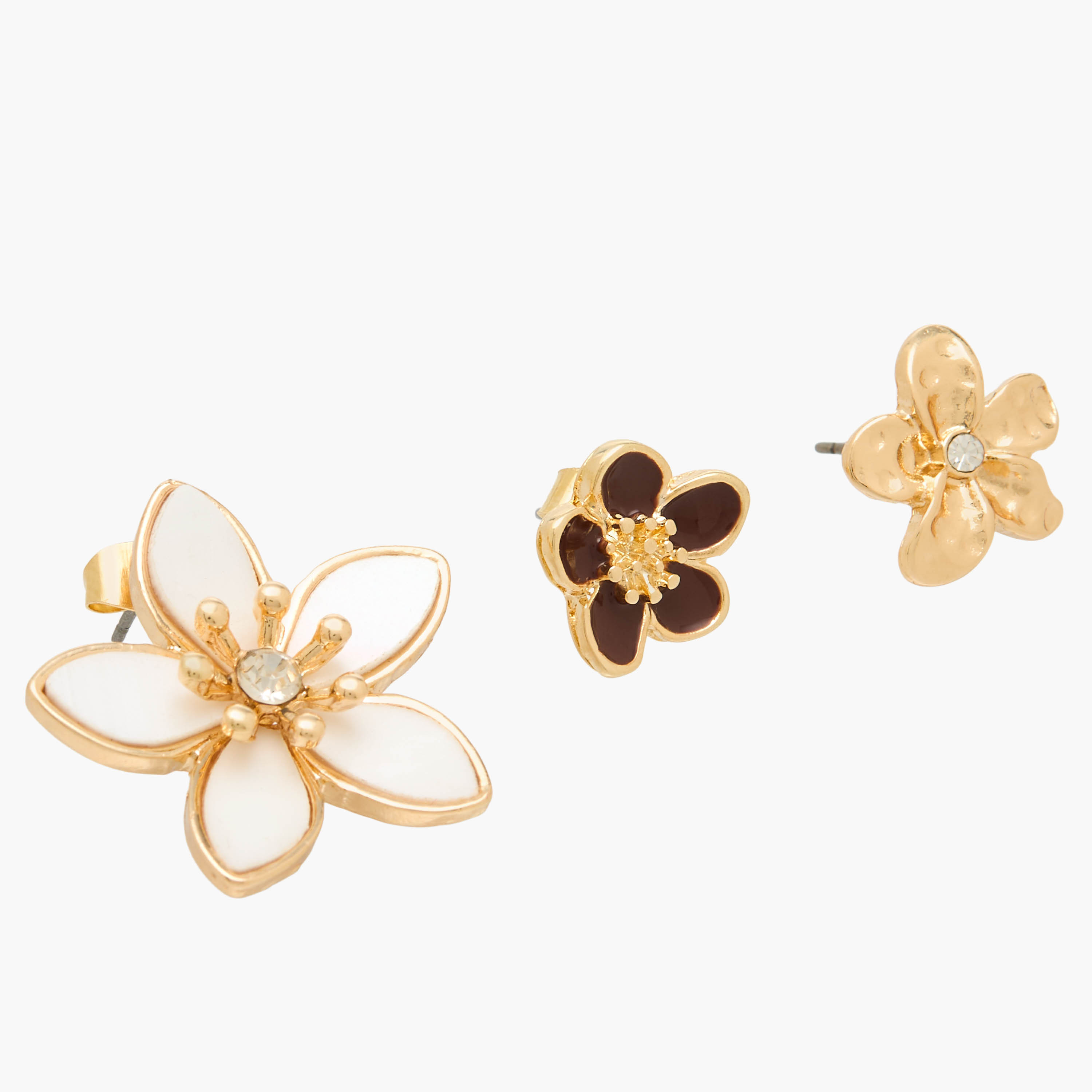 Pack of 3 Metallic Floral Stud Earrings with Pushback Closure-women-watchesandjewellery-jewellery-earrings-image-6