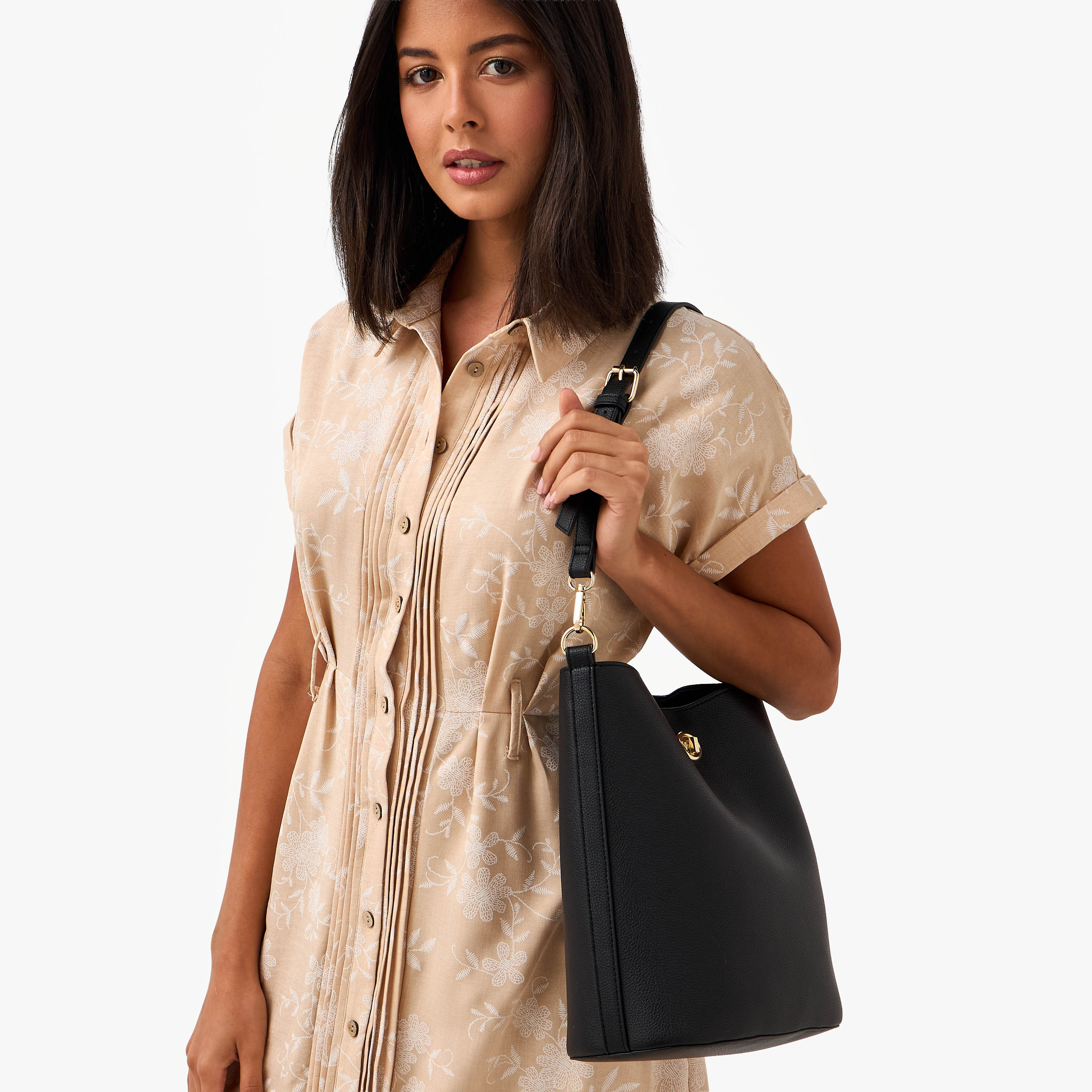 Textured Bucket Bag with Twist Lock Closure-women-bagsandwallets-handbags-image-2