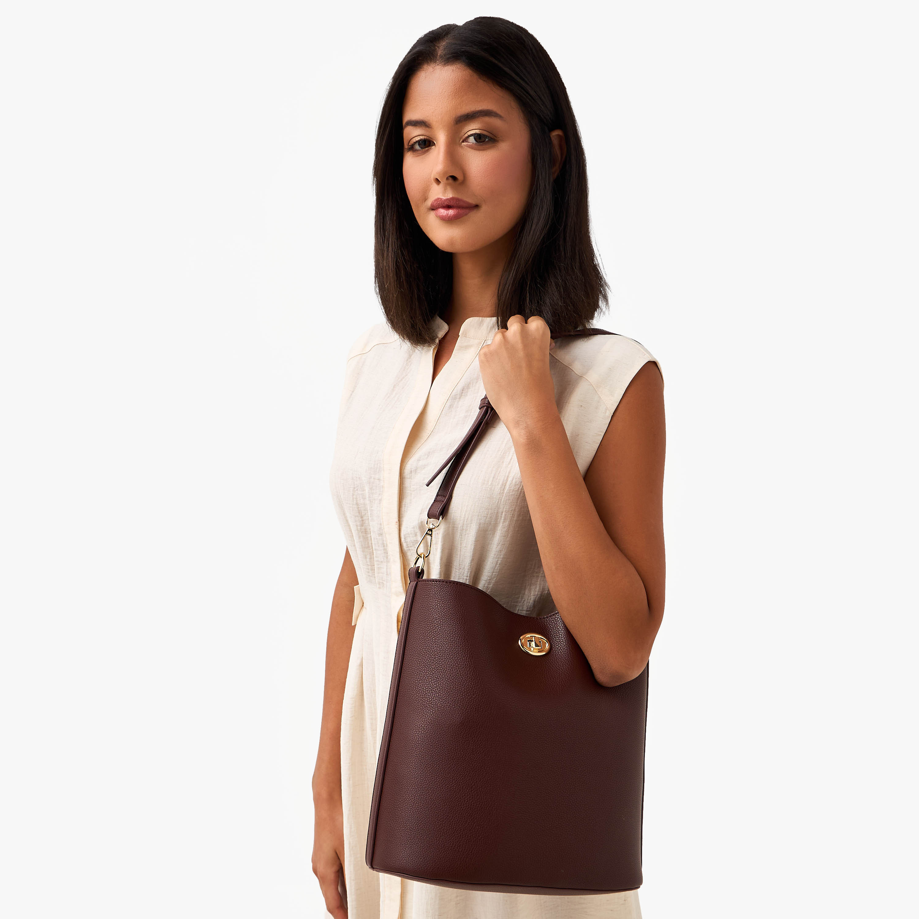 Textured Bucket Bag with Twist Lock Closure-women-bagsandwallets-handbags-image-2