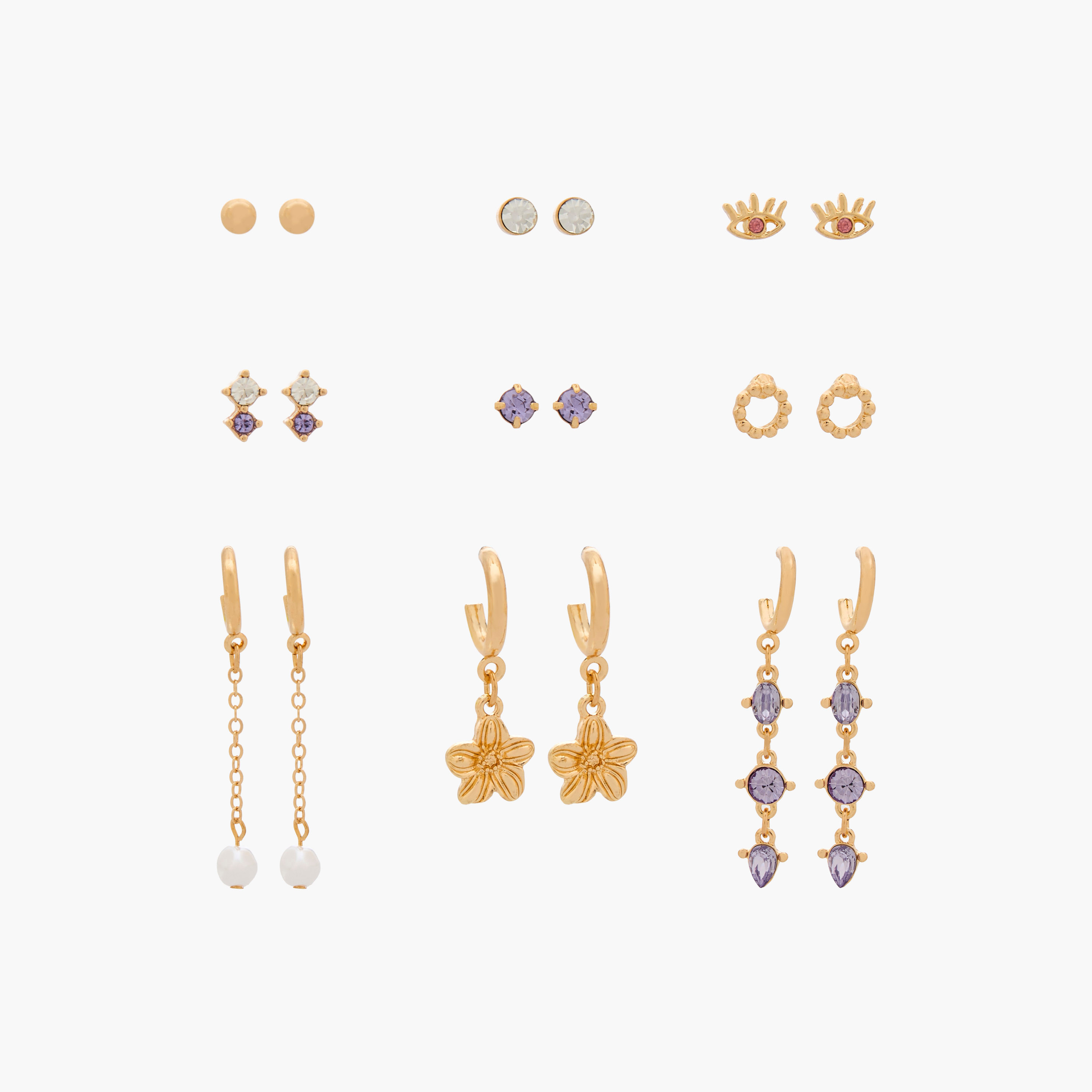 Gloo Pack of 9 Gold Tone Assorted Earrings with Pushback Closure-women-watchesandjewellery-jewellery-earrings-image-1