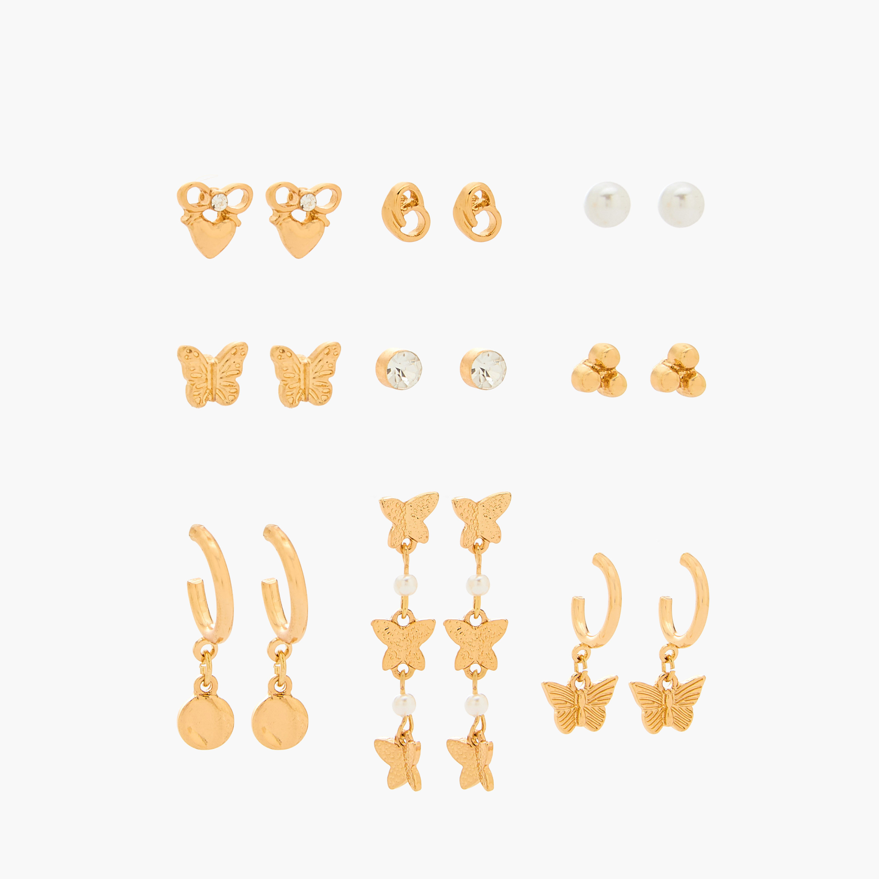 Gloo Pack of 9 Gold Tone Assorted Earrings with Pushback Closure-women-watchesandjewellery-jewellery-earrings-image-1