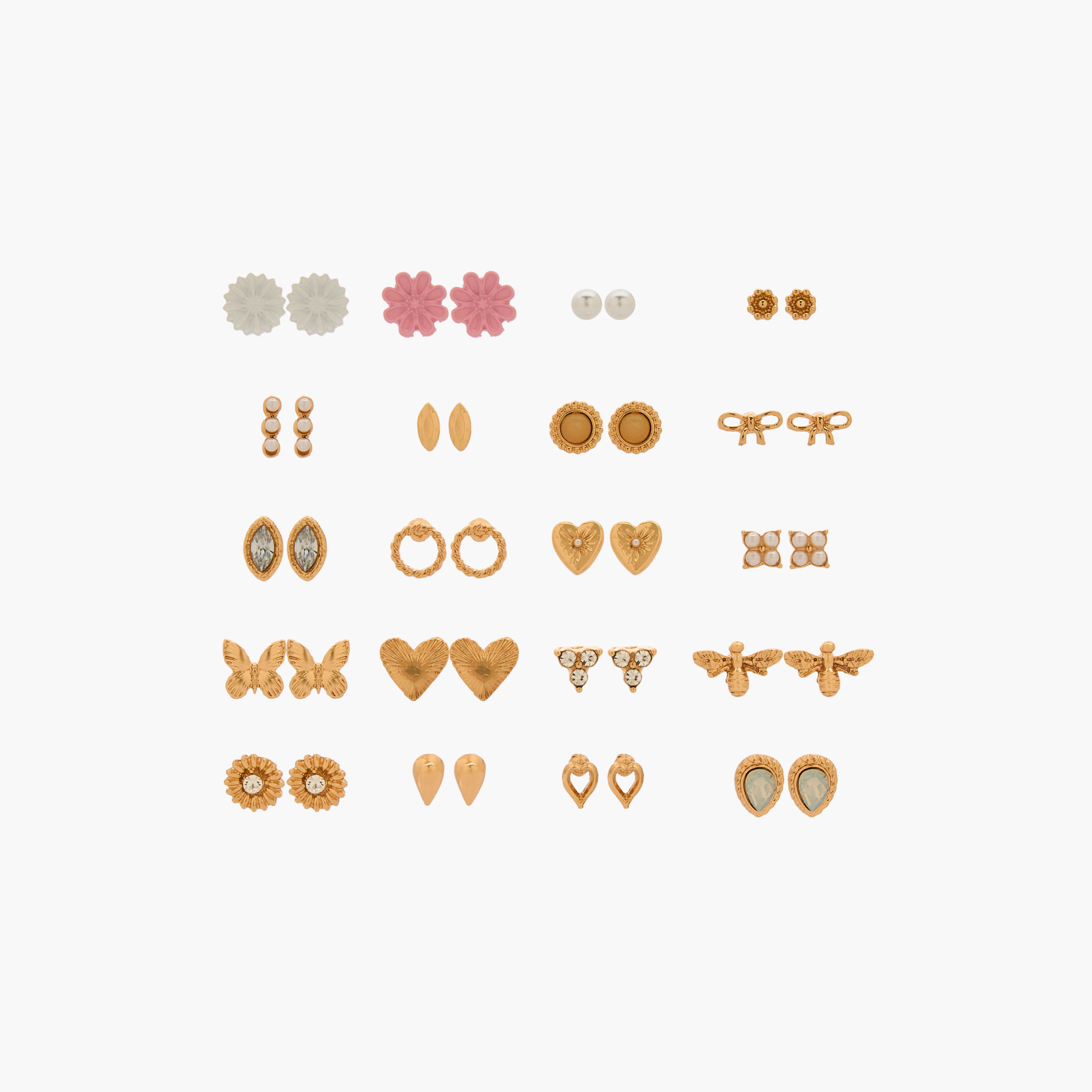 Pack of 20 Gold Tone Floral Stud Earrings with Pushback Closure-women-watchesandjewellery-jewellery-earrings-image-1