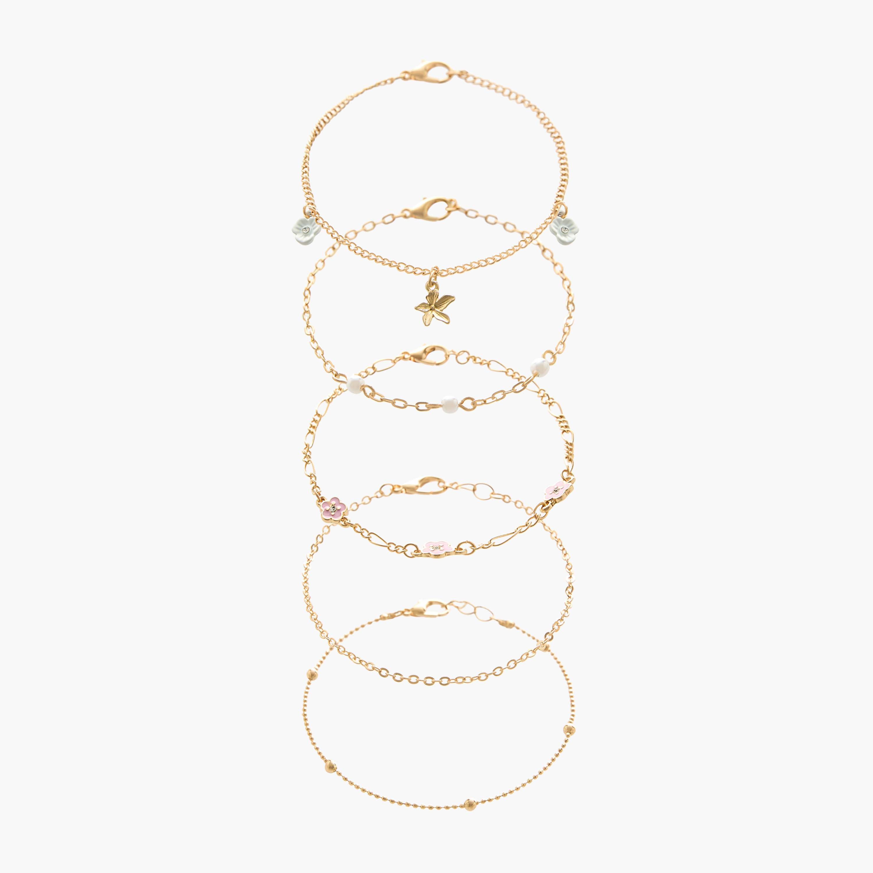 Pack of 5 Gold Tone Floral Charms Bracelet-women-watchesandjewellery-jewellery-banglesandbracelets-image-1