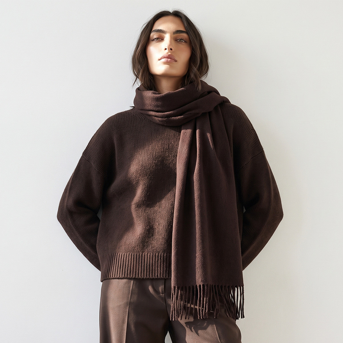 وشاح بشرّابات باللون البني-women-winterwear-scarves-image-2