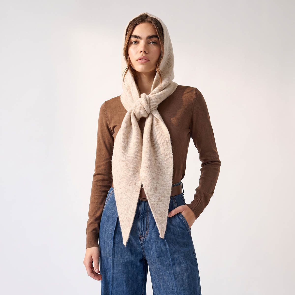 Hooded Scarf with Knit Texture-women-winterwear-scarves-image-1