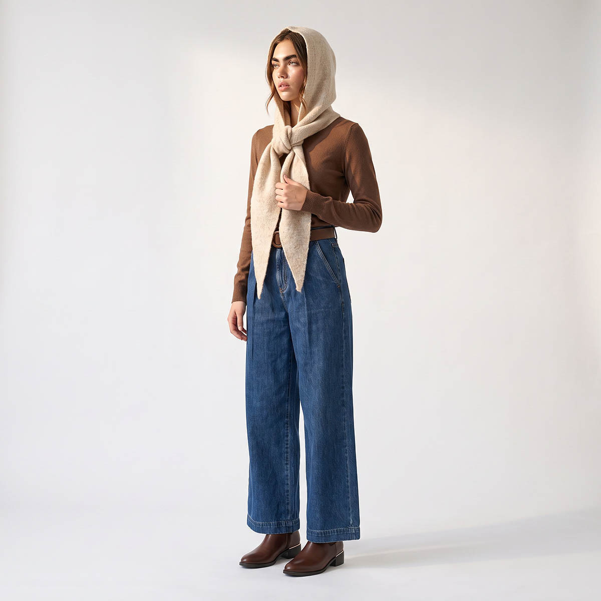 Hooded Scarf with Knit Texture-women-winterwear-scarves-image-3