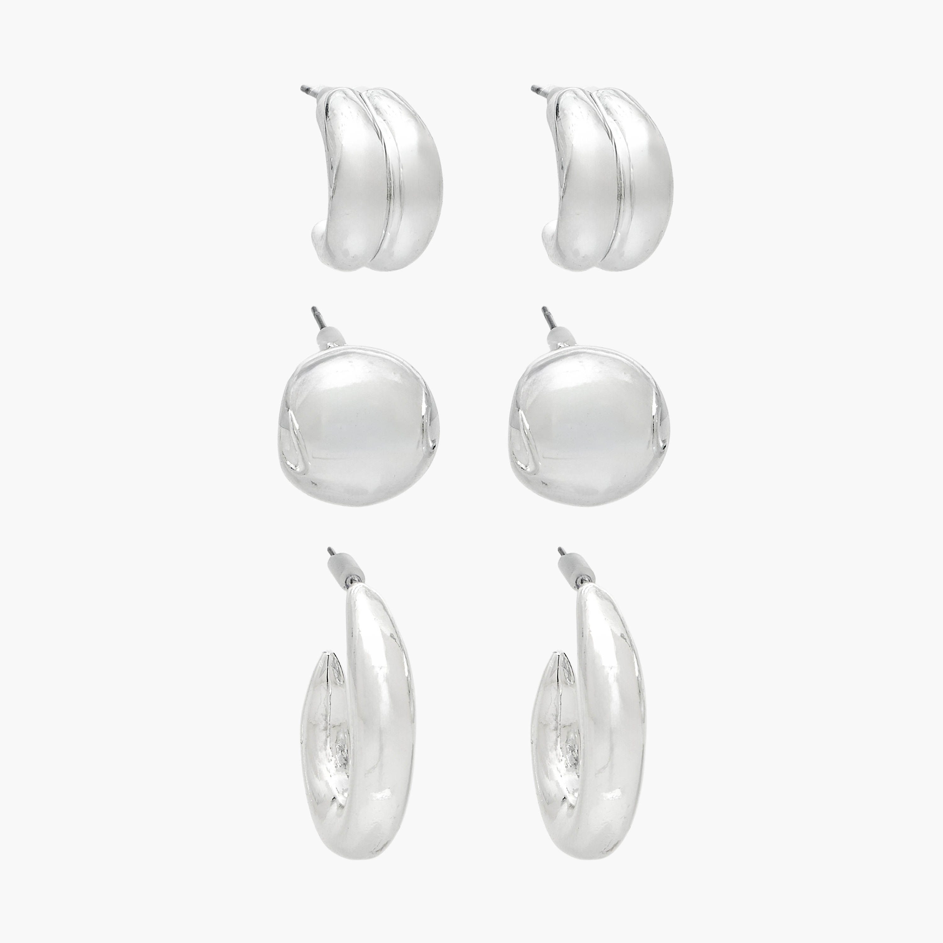 Pack of 3 Silver Tone Assorted Earrings with Pushback Closure-women-watchesandjewellery-jewellery-earrings-image-1