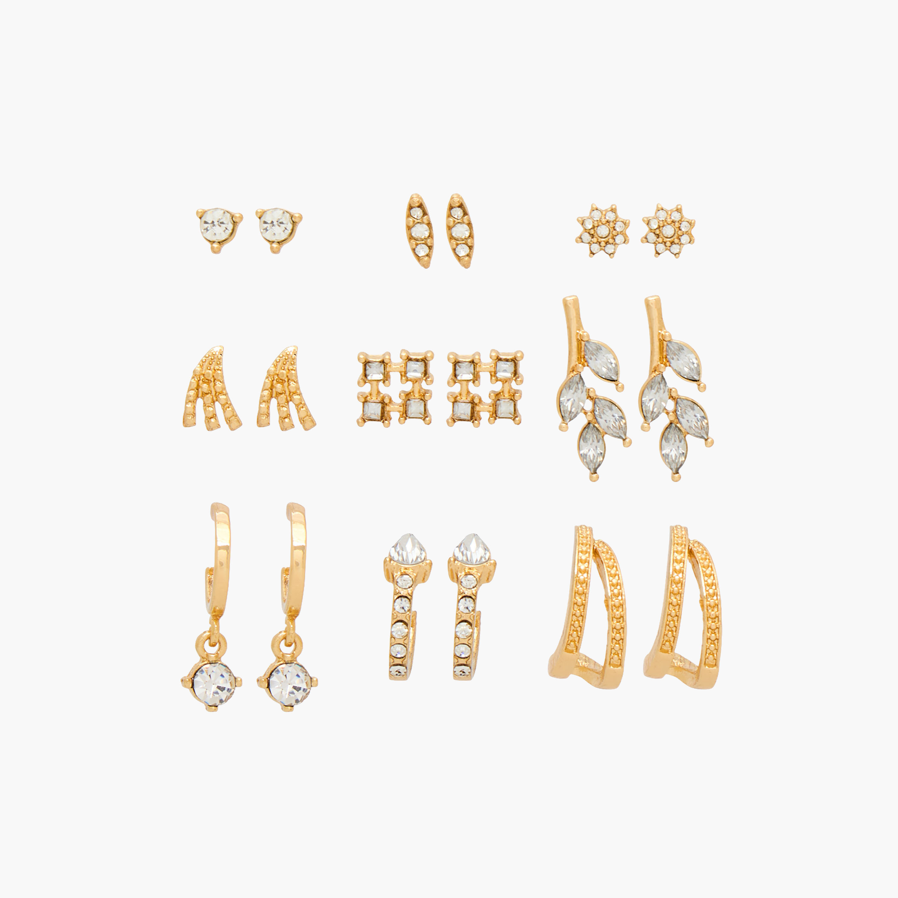 Pack of 9 Gold Tone Stud and Hoop Earrings-women-watchesandjewellery-jewellery-earrings-image-1