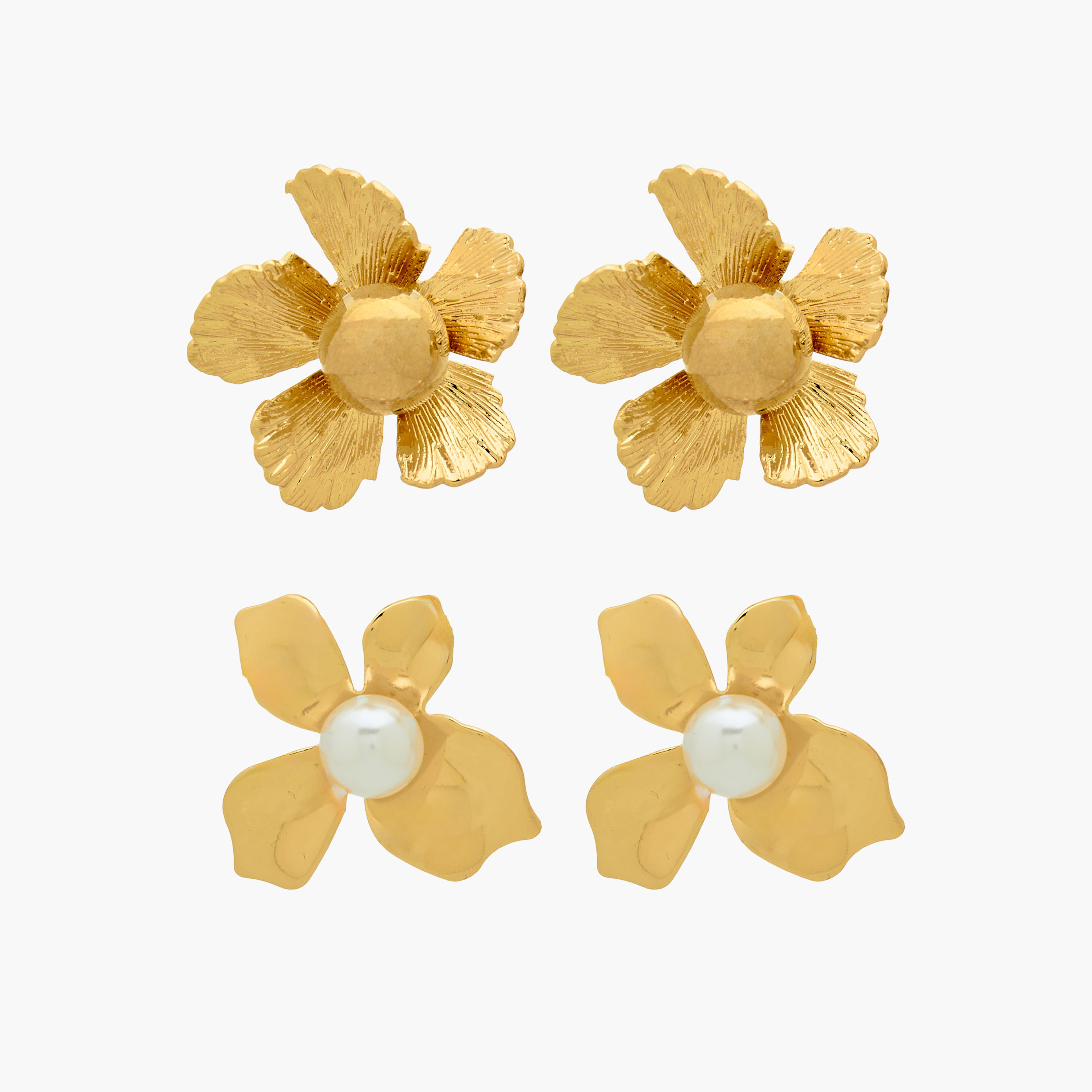 Pack of 2 Gold Tone Floral Stud Earrings with Pushback Closure-women-watchesandjewellery-jewellery-earrings-image-1