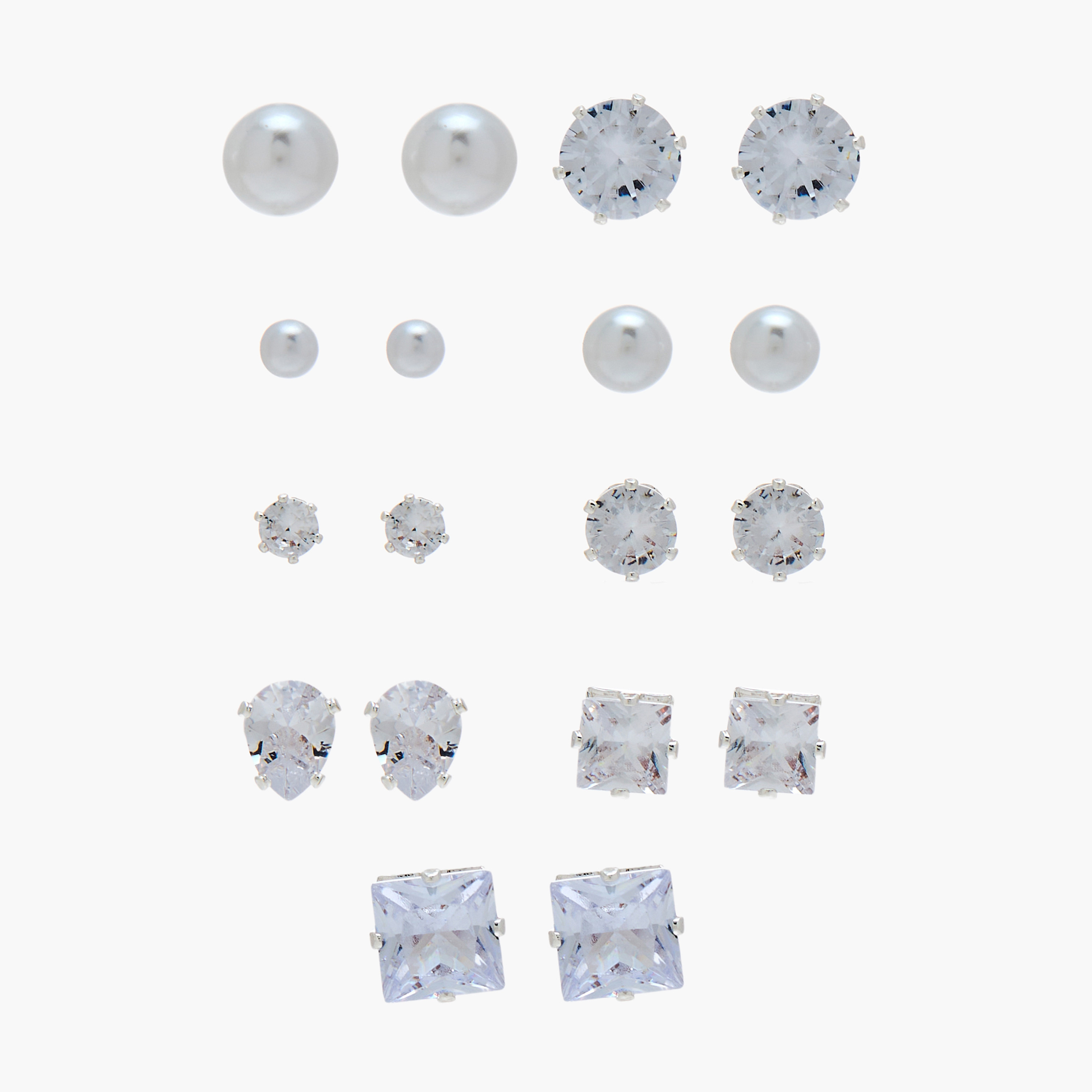 Pack of 9 Silver Tone Assorted Stud Earrings with Pushback Closure-women-watchesandjewellery-jewellery-earrings-image-1
