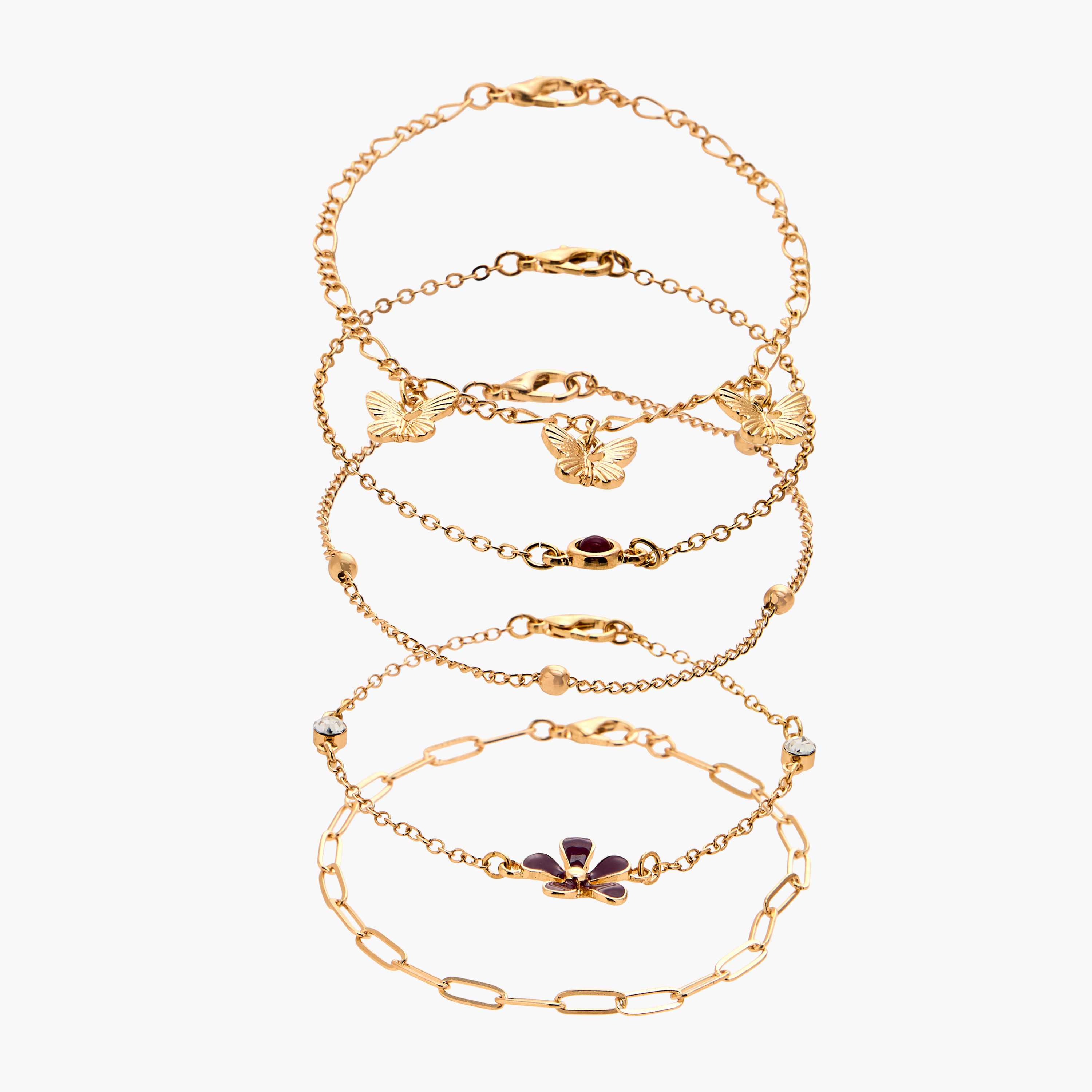 طقم أساور ذهبية أنيقة بتصاميم زهور وفراشات 5 قطع-women-watchesandjewellery-jewellery-banglesandbracelets-image-1
