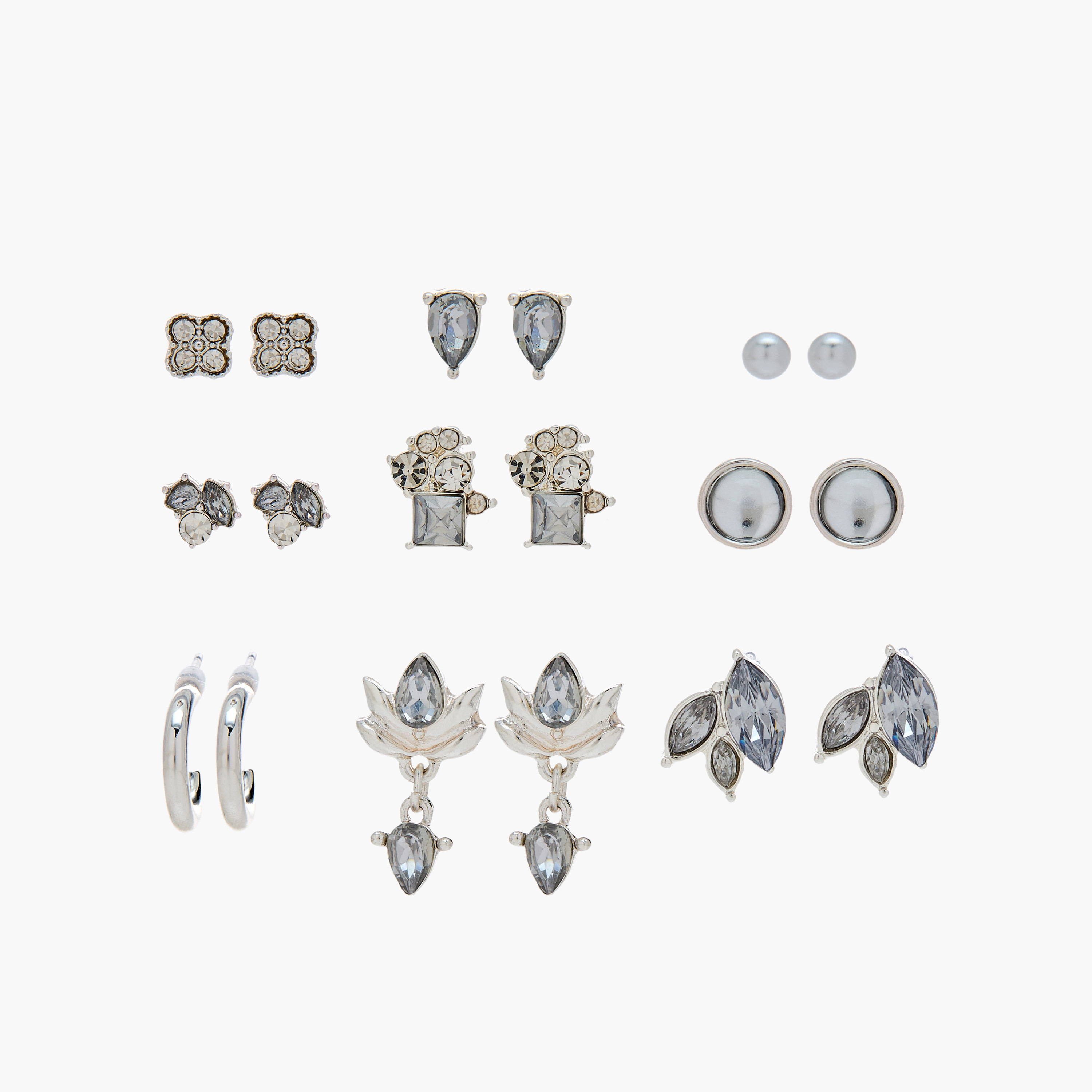 Pack of 9 Silver Tone Embellished Stud Earrings with Pushback Closure-women-watchesandjewellery-jewellery-earrings-image-1