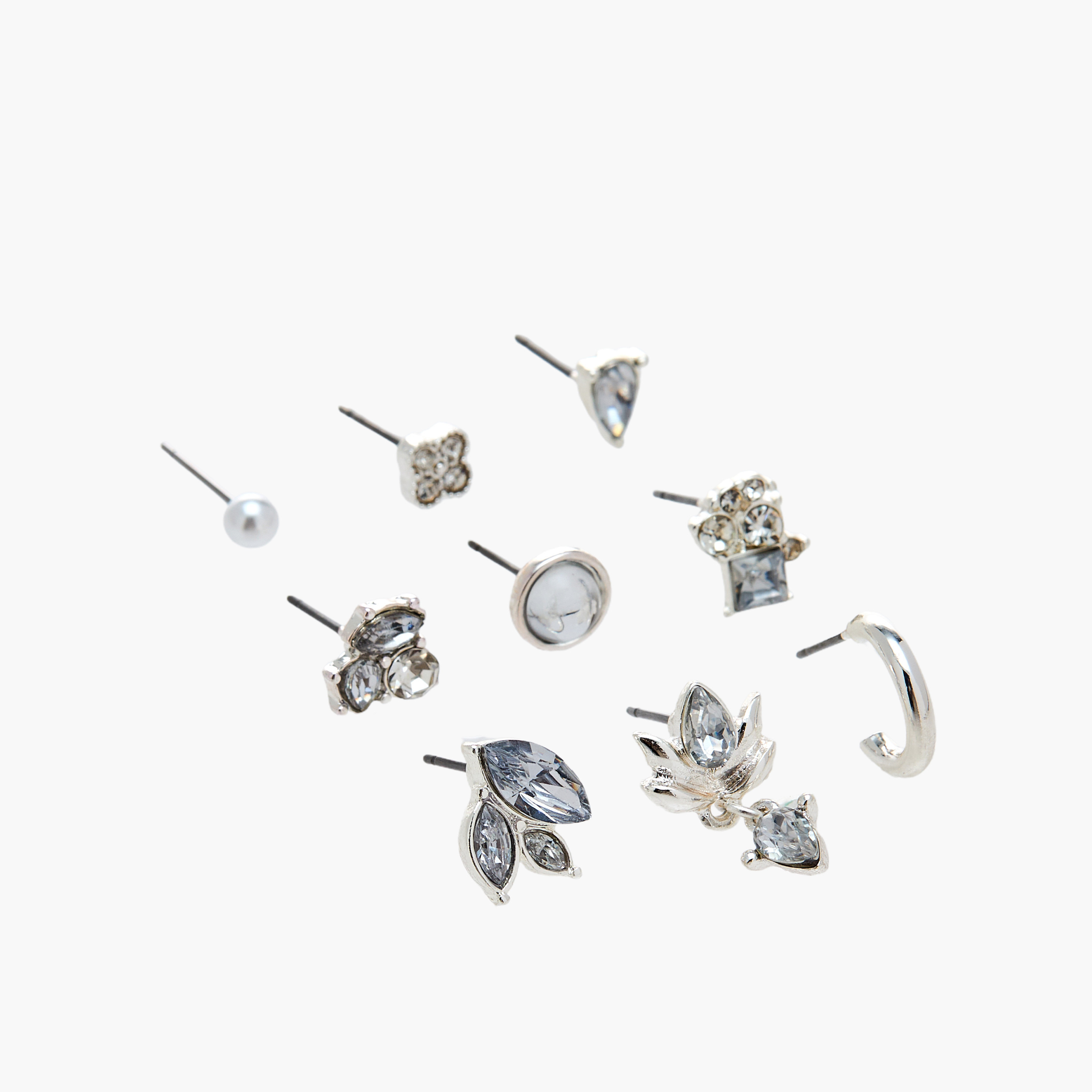 Pack of 9 Silver Tone Embellished Stud Earrings with Pushback Closure-women-watchesandjewellery-jewellery-earrings-image-3