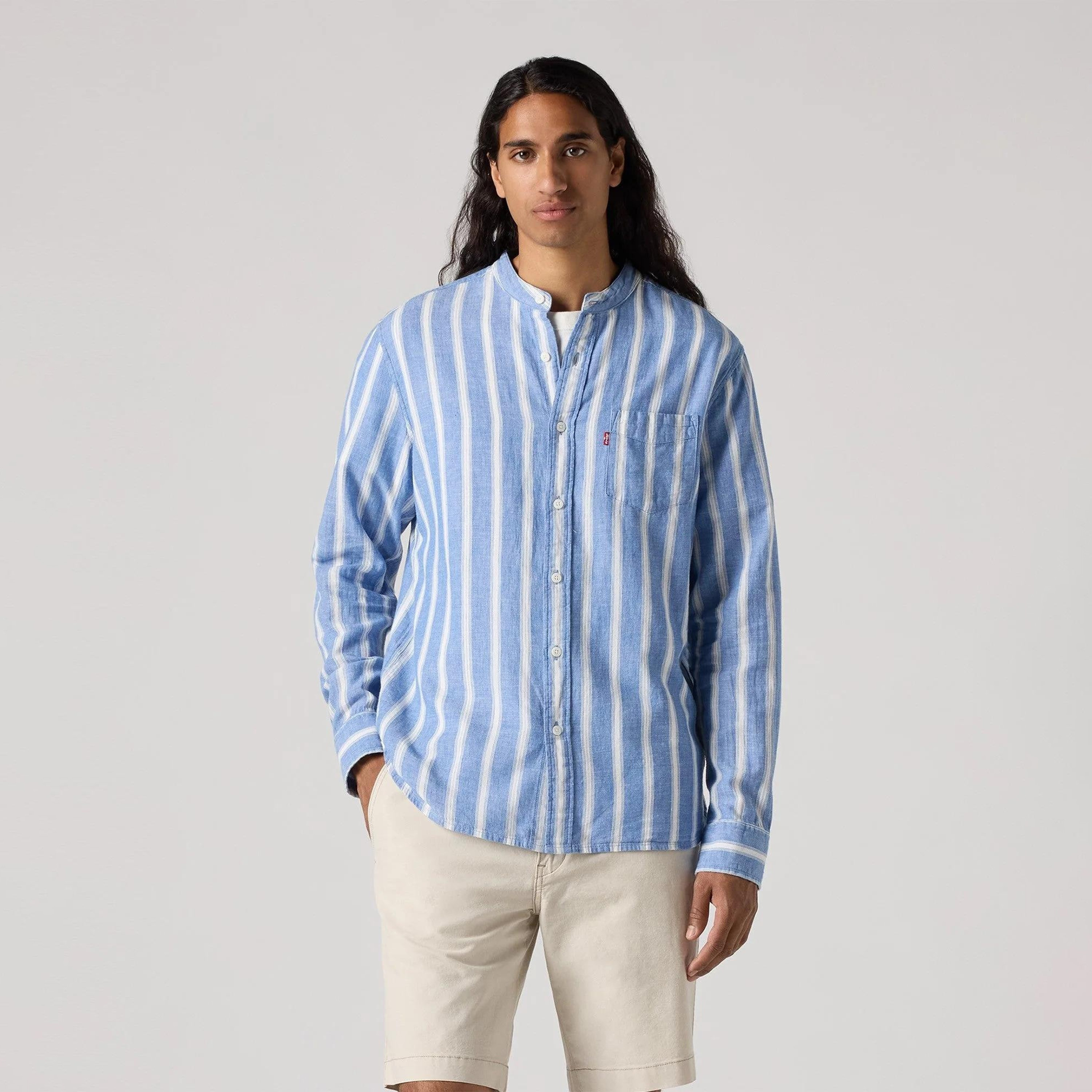 قميص ليفي مخطط بياقة ماندارين وأكمام طويلة-men-clothing-shirts-image-1