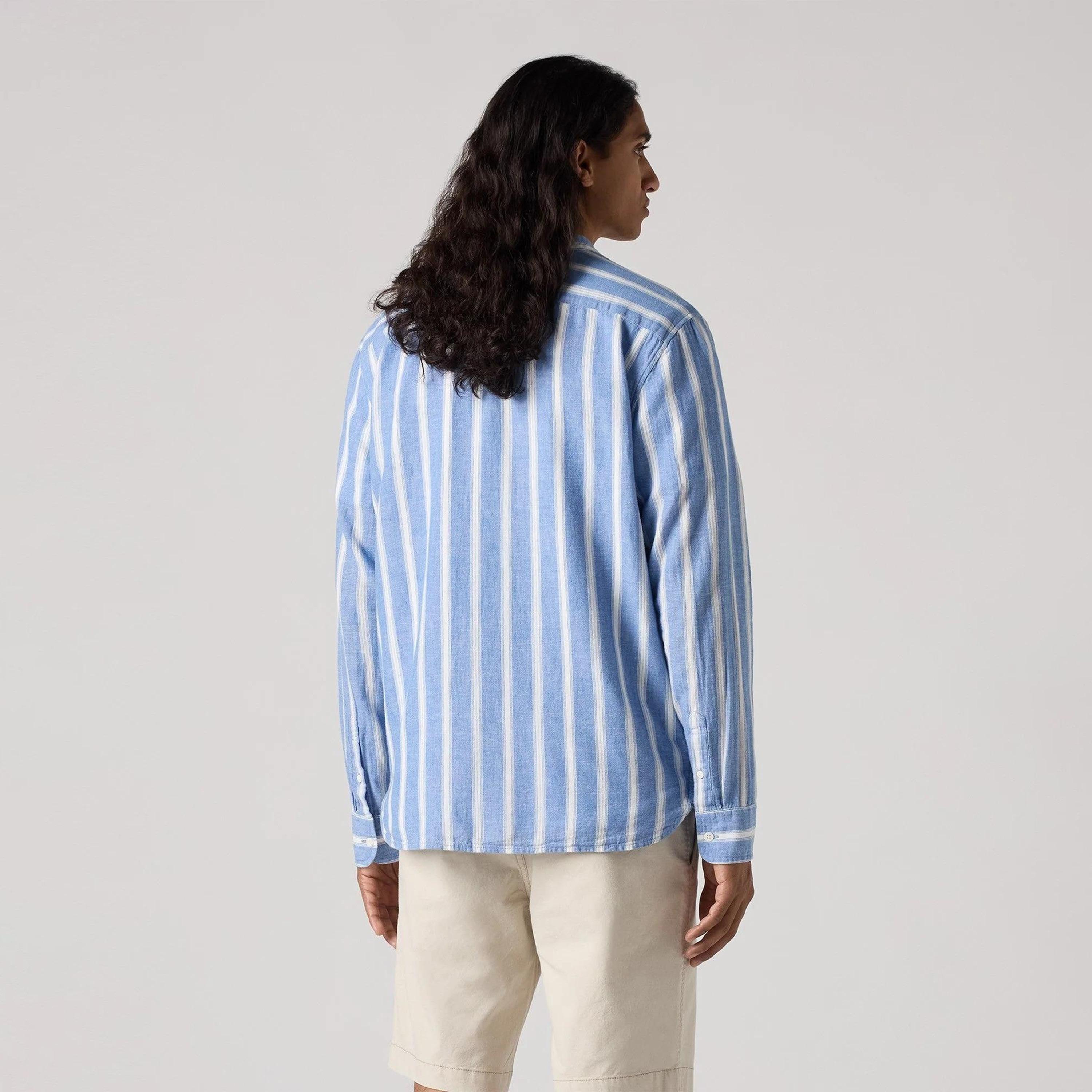 قميص ليفي مخطط بياقة ماندارين وأكمام طويلة-men-clothing-shirts-image-3