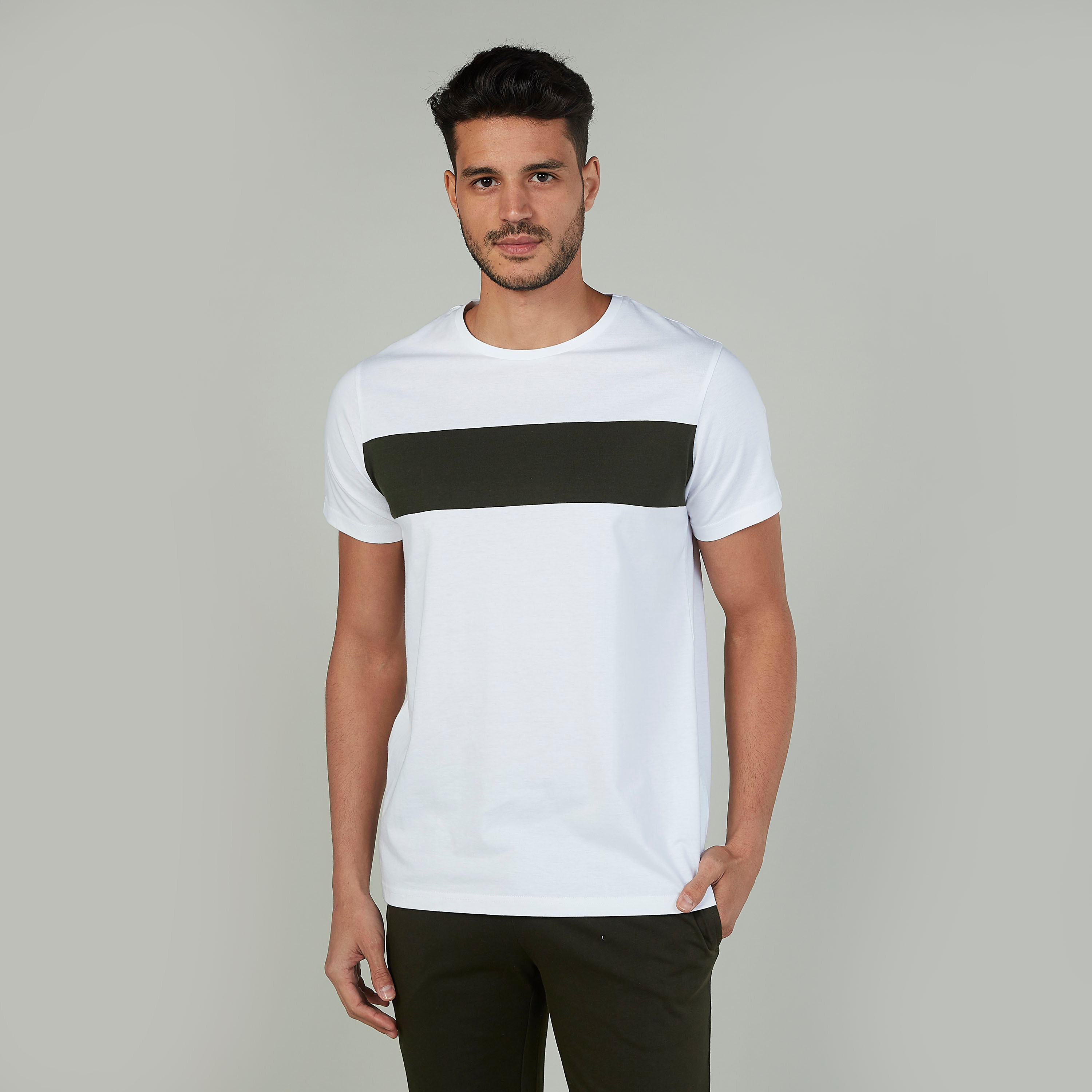 Striped Crew Neck T-shirt and Full Length Plain Pyjama Set-men-clothing-nightwear-sets-image-1