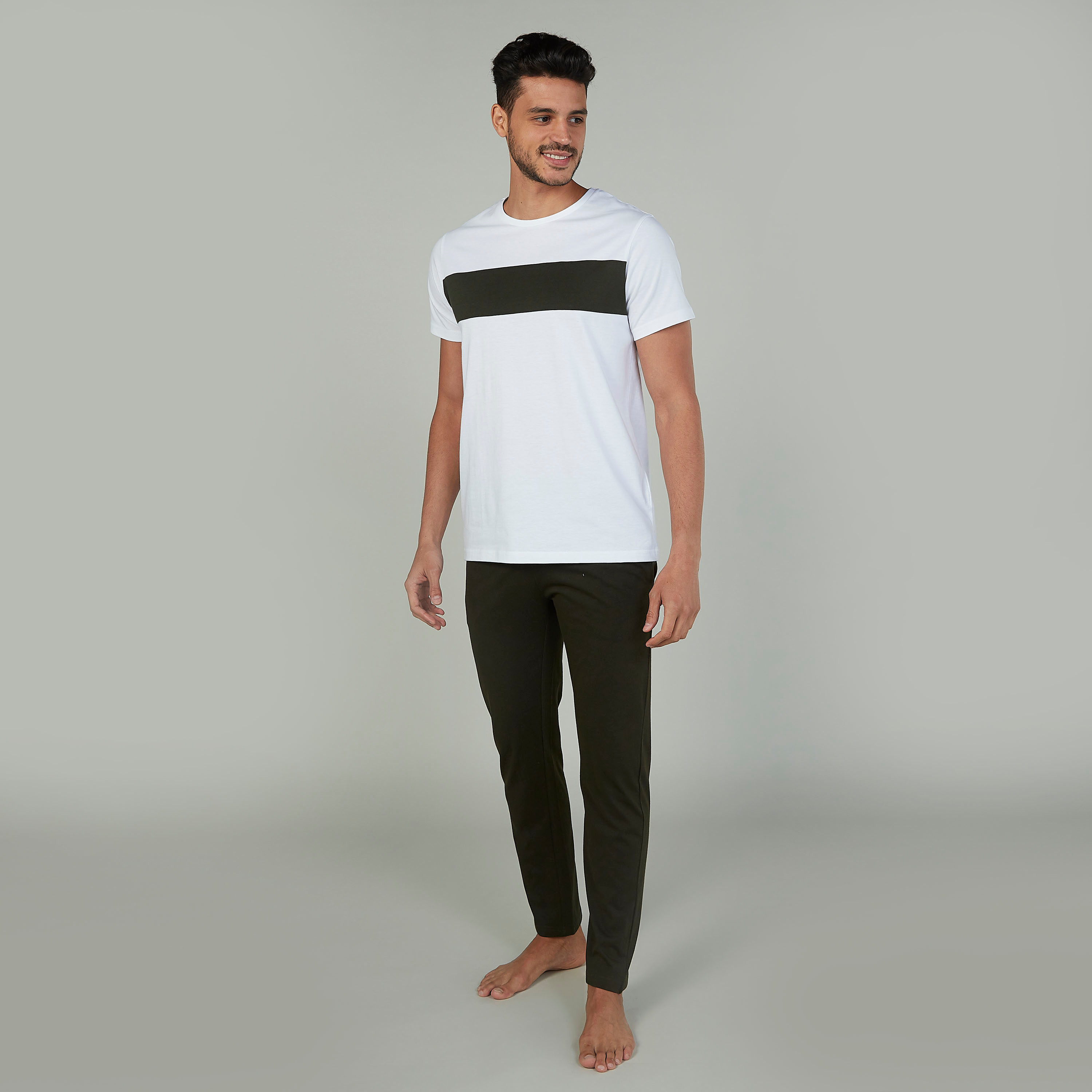 Striped Crew Neck T-shirt and Full Length Plain Pyjama Set-men-clothing-nightwear-sets-image-2