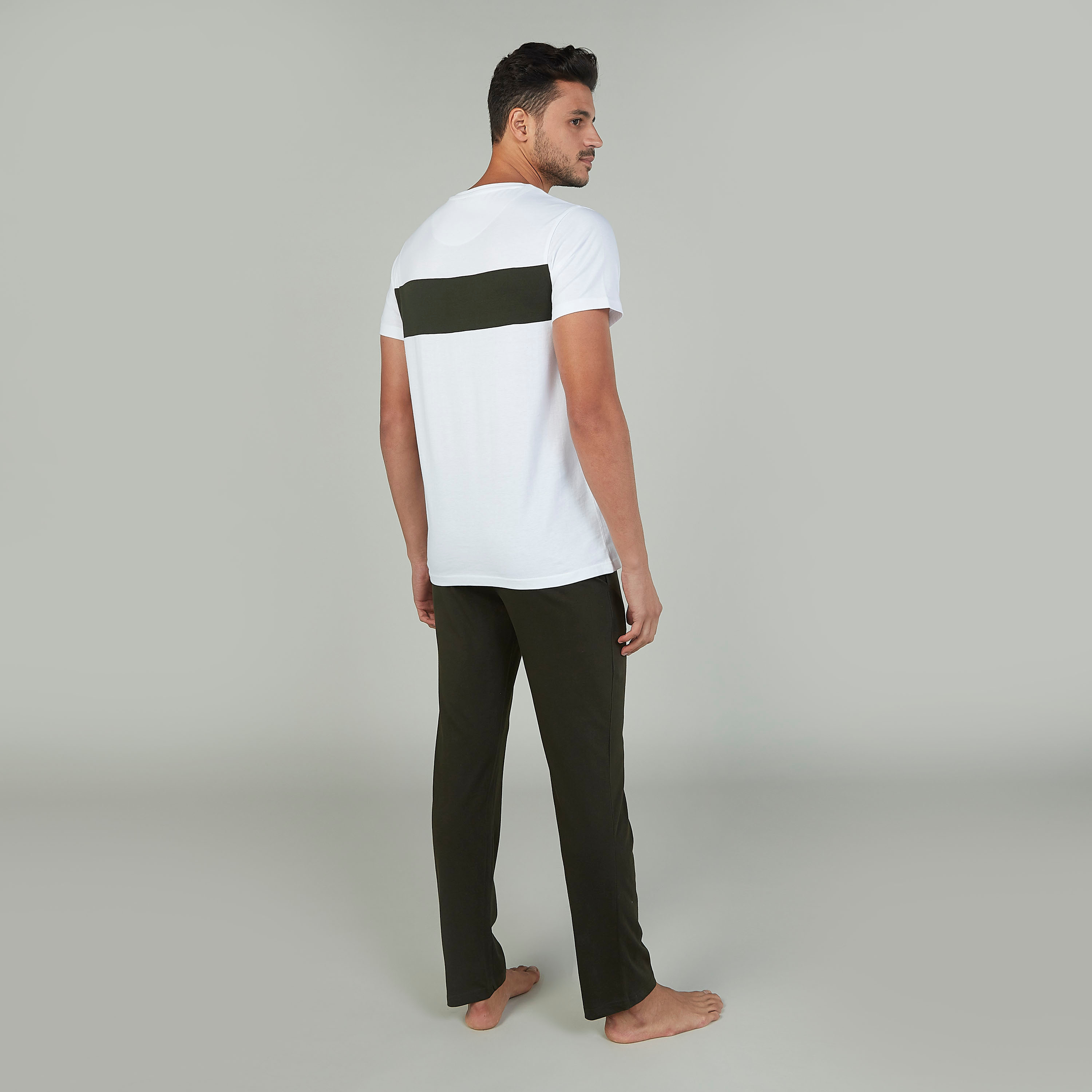 Striped Crew Neck T-shirt and Full Length Plain Pyjama Set-men-clothing-nightwear-sets-image-4